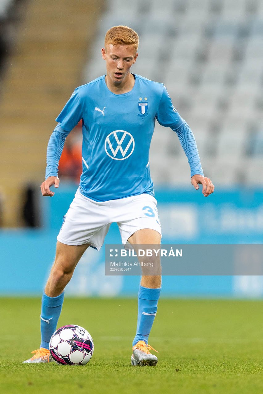 Hugo Larsson of Malmö FF during the UEFA Champions League qualifying match between Malmö FF and Vikingur on July 5, 2022 in Malmö.