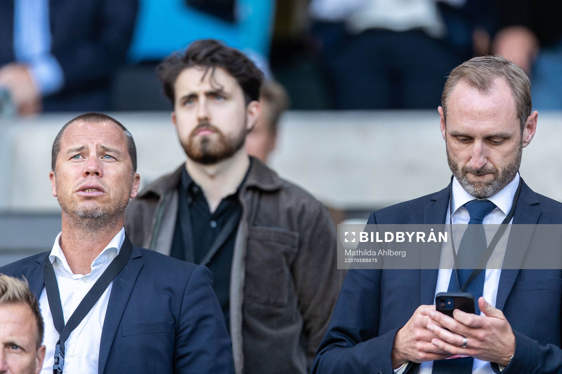 Daniel Andersson, head of sports and Andreas Georgson, sports director of Malmö FF during the UEFA Champions League qualifying match between Malmö FF and Vikingur on July 5, 2022 in Malmö.