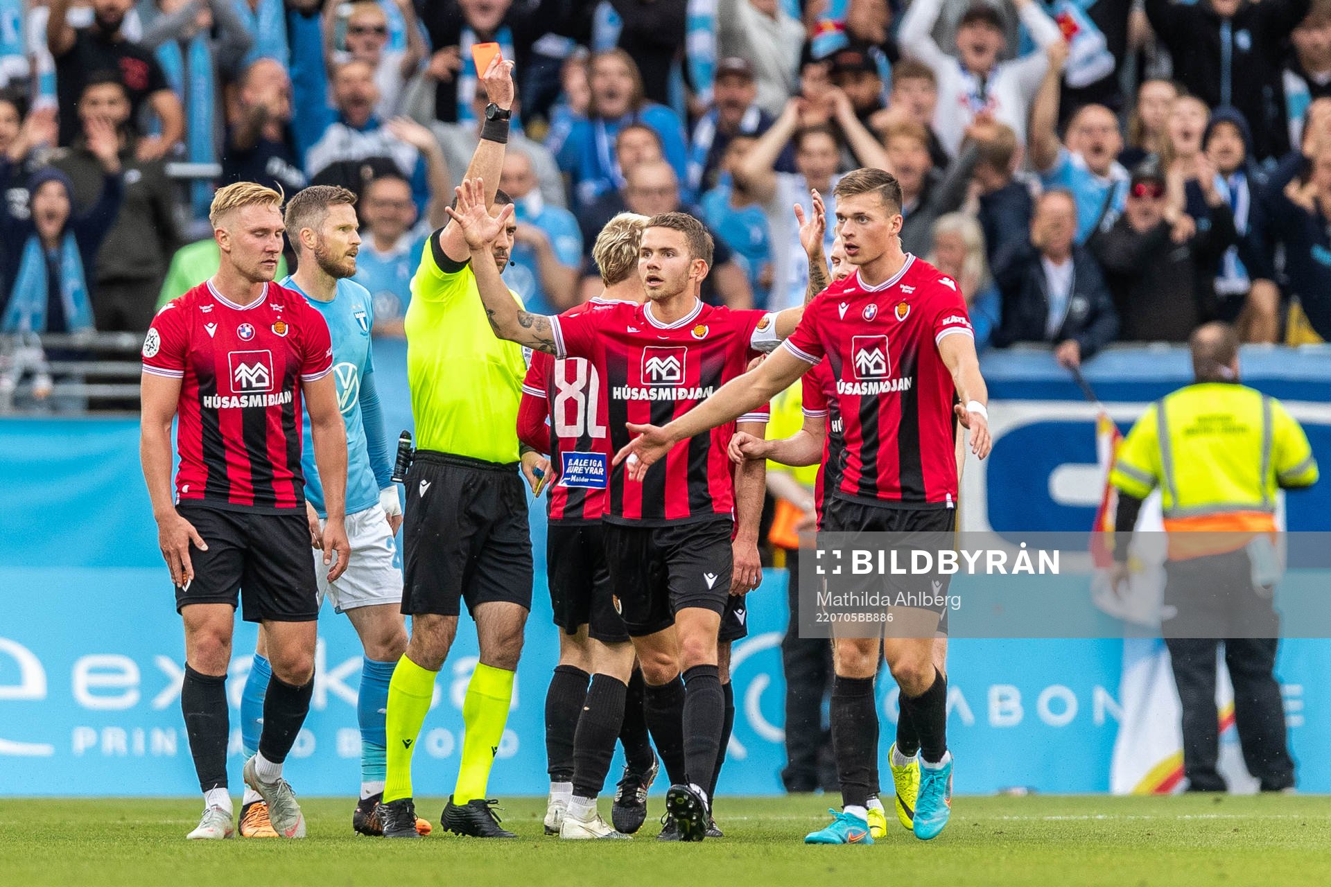 Julius Magnusson of Vikingur reacts to Kristall Mani Ingason geting a red card during the UEFA Champions League qualifying match between Malmö FF and Vikingur on July 5, 2022 in Malmö.