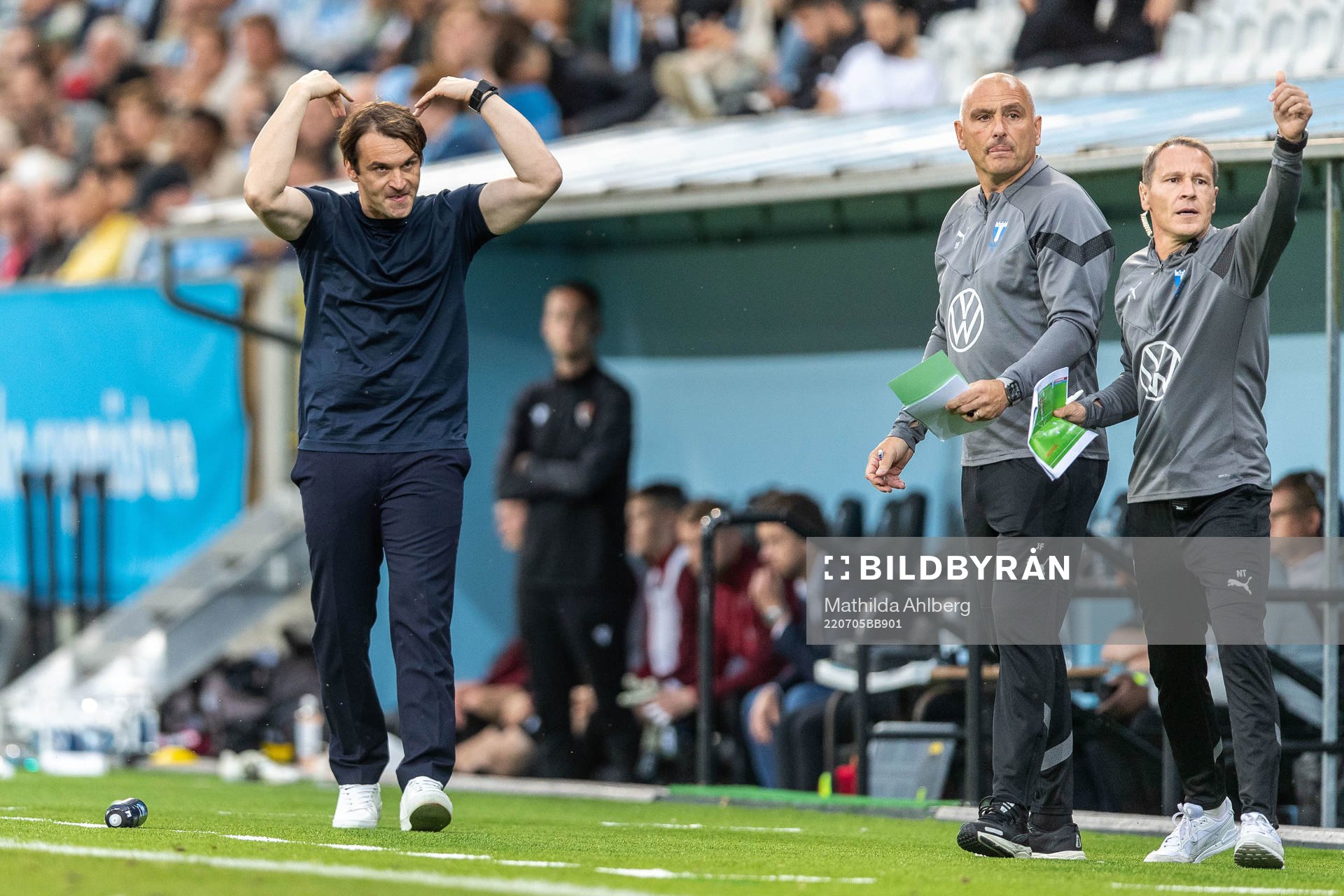 Milos Milojevic, head coach, goalkeeper coach Jonnie Fedel and assistant coach Nikola Trajkovic during the UEFA Champions League qualifying match between Malmö FF and Vikingur on July 5, 2022 in Malmö.