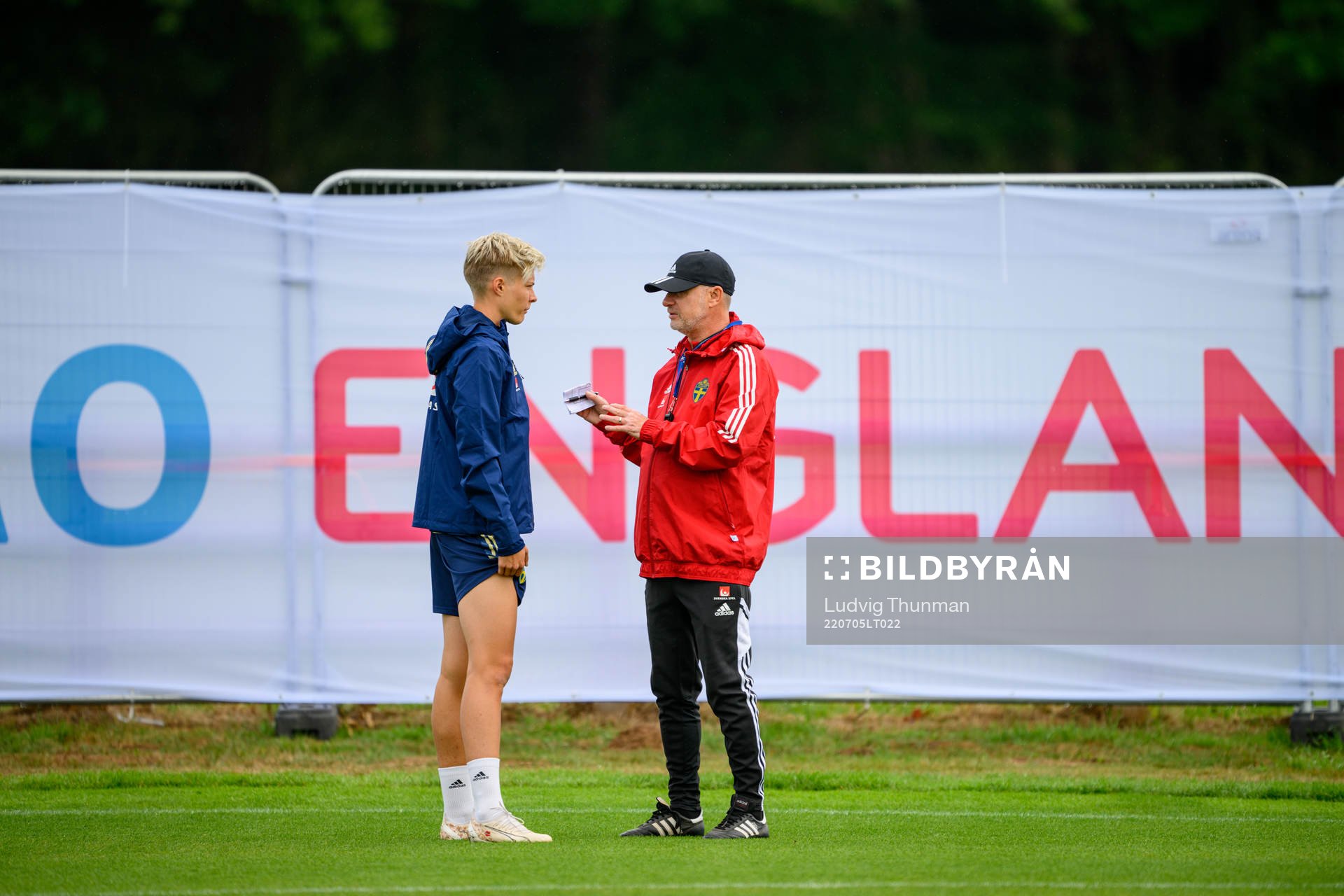 Lina Hurtig and Peter Gerhardsson, head coach ahead of a training session with the the women's Swedish national football team ahead of UEFA Women's Euro 2022 Championship on July 5, 2022 in Chester.