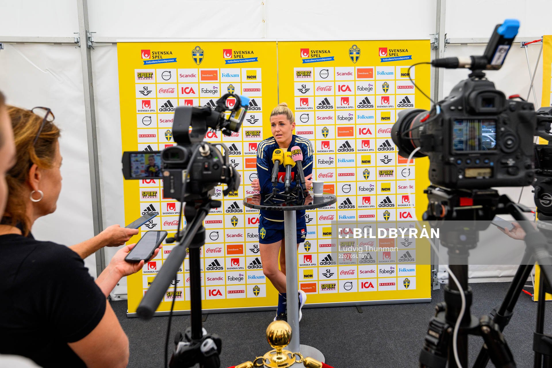 Olivia Schough is interviewed by the media