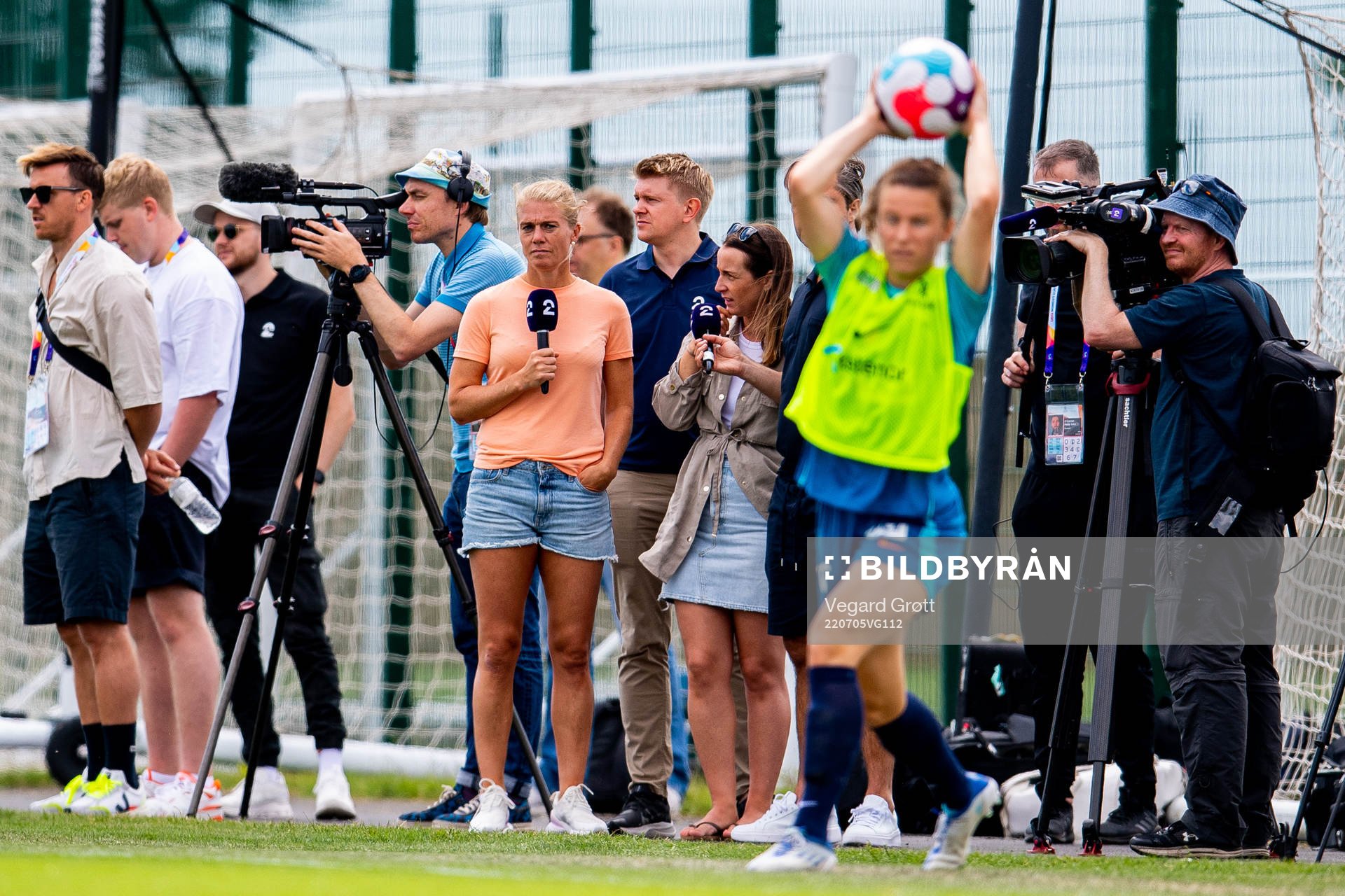 Solveig Gulbrandsen of TV 2 and media attend a training session with the Norwegian national football team ahead of the UEFA Women's Euro 2022 Championship on July 5, 2022 in Brighton.