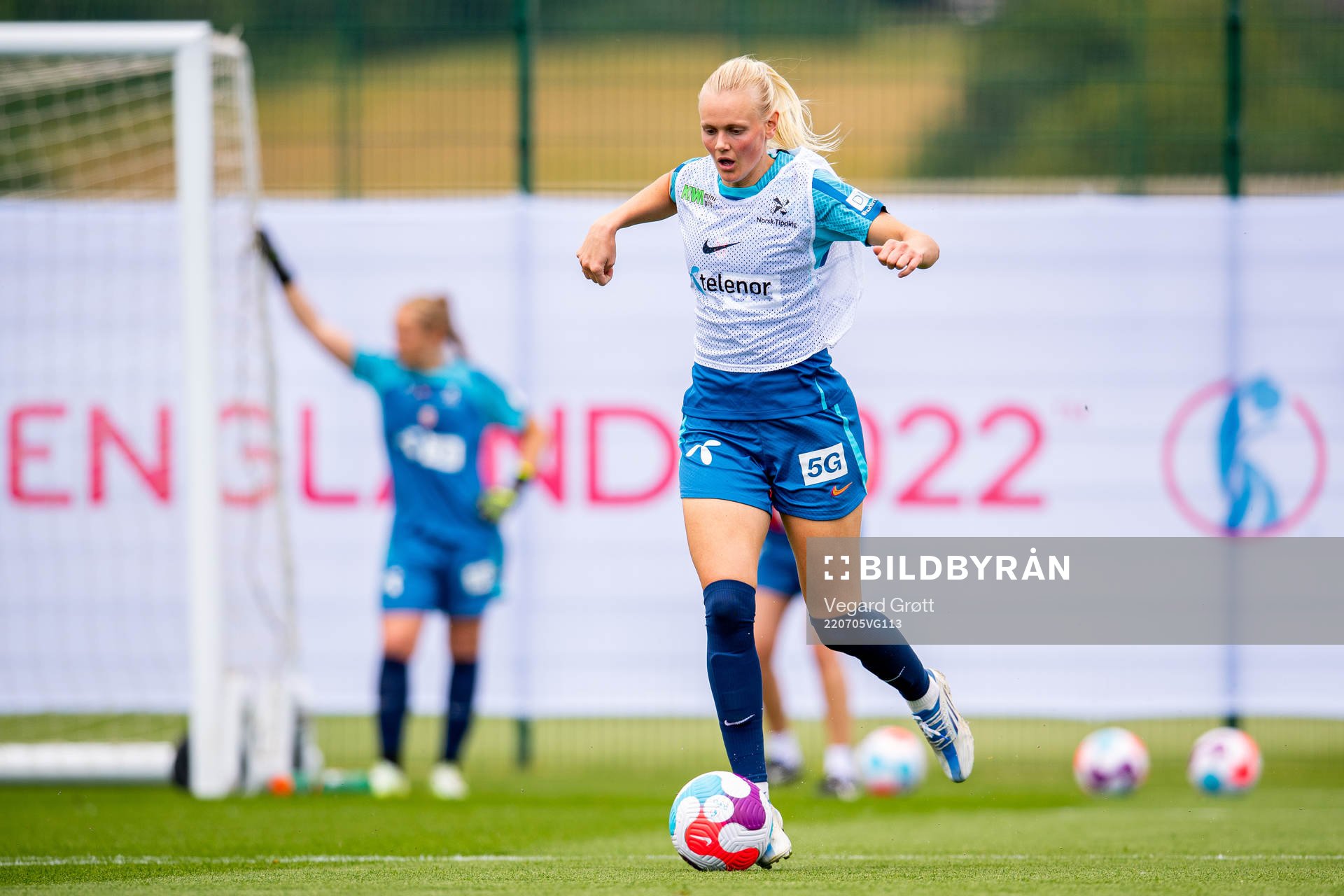 Karina Sævik of the Norwegian national football team during a training session ahead of the UEFA Women's Euro 2022 Championship on July 5, 2022 in Brighton.