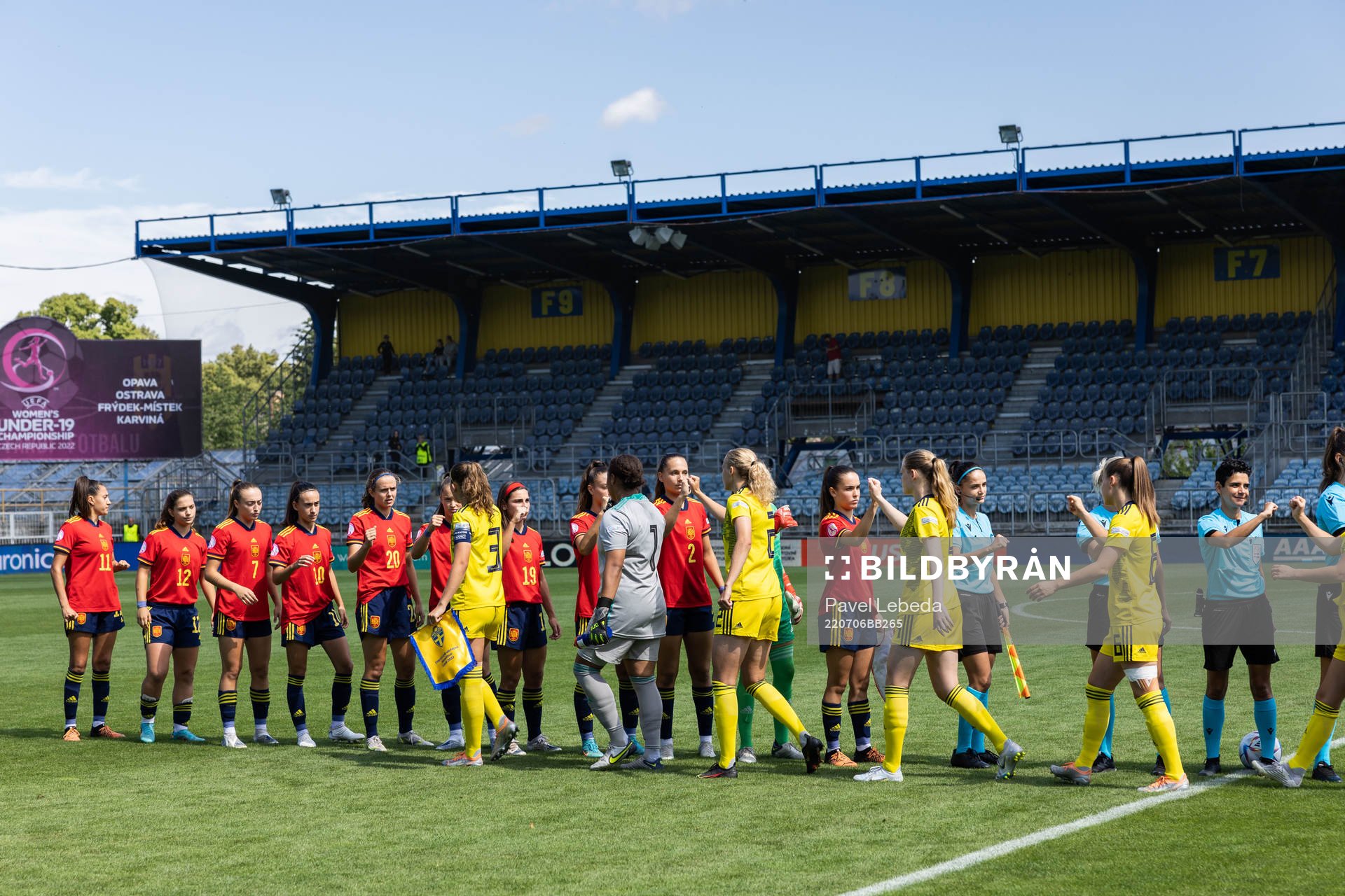 Players of Sweden and players of Spain during the football semifinal match in The UEFA Womens Under-19 European Championships on July 06 in Opava, Czech Republic.