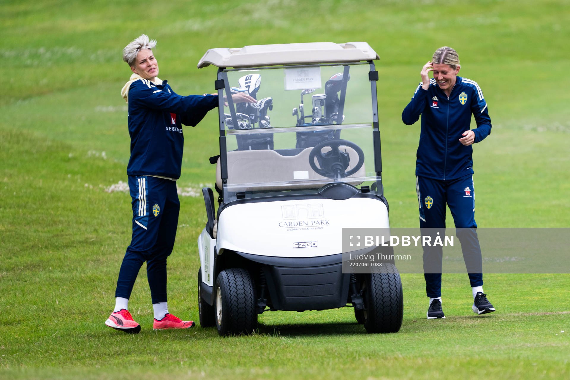 Lina Hurtig and Olivia Schough of Sweden tees off during a golf round with the the women's Swedish national football team ahead of UEFA Women's Euro 2022 Championship on July 6, 2022 in Chester.