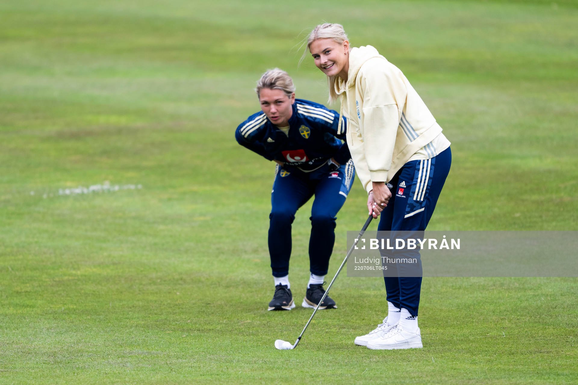 Goalkeeper Jennifer Falk and Amanda Nilden of Sweden during a golf round with the the women's Swedish national football team ahead of UEFA Women's Euro 2022 Championship on July 6, 2022 in Chester.