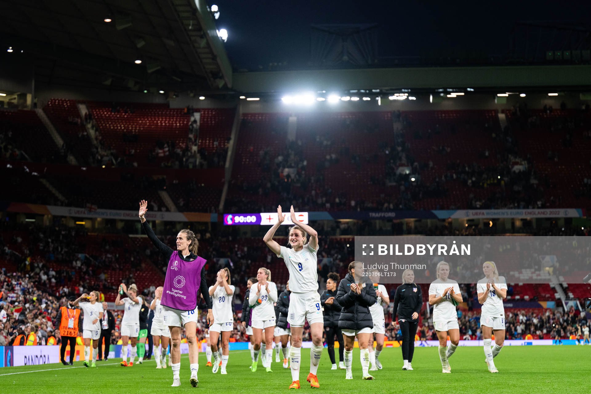 Jill Scott and Ellen White of England after the UEFA Women's Euro 2022 group stage match between England and Austria on July 6, 2022 in Manchester.