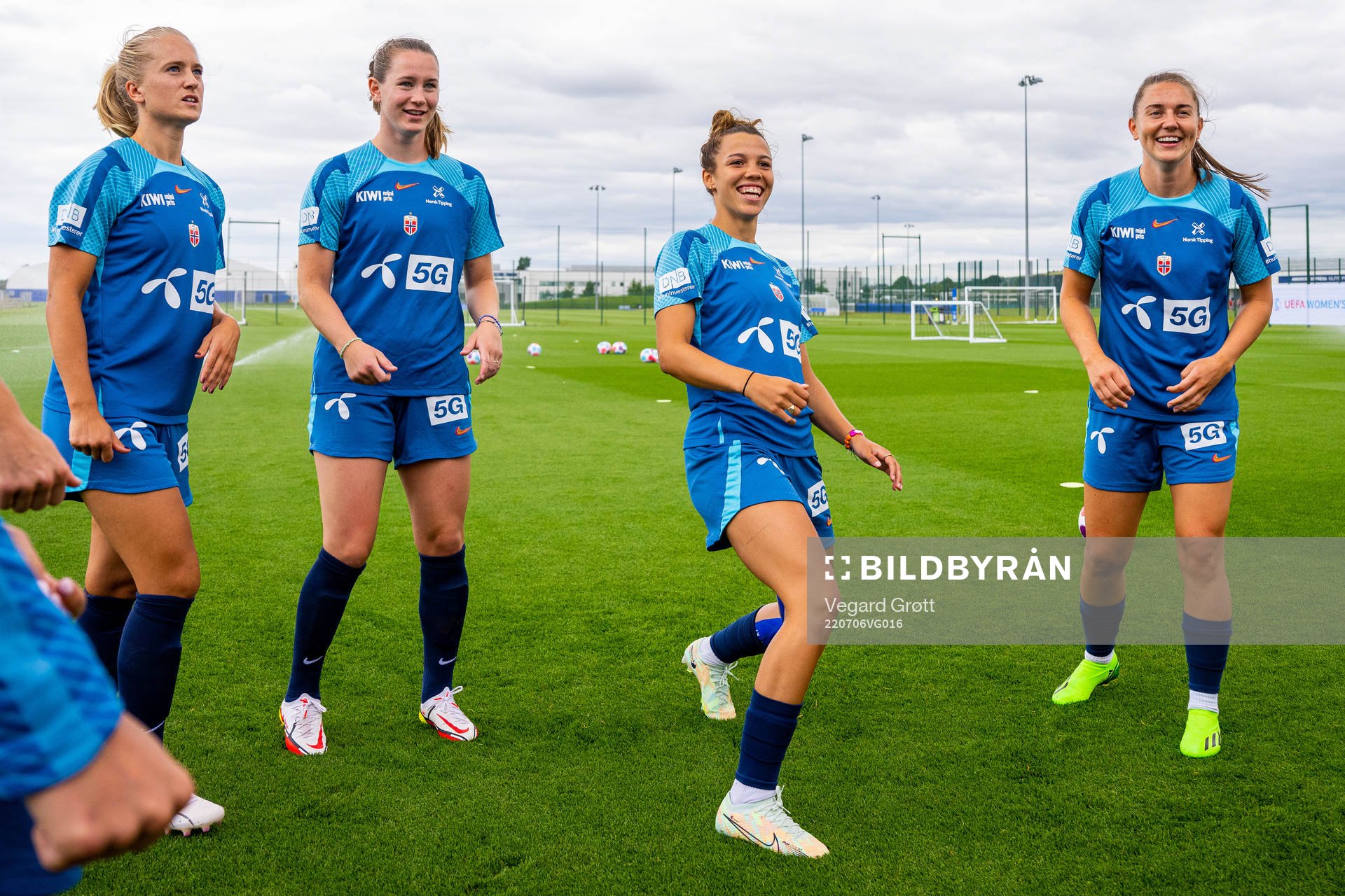 Amalie Eikeland, Elisabeth Terland, Celin Bizet Ildhusøy and Vilde Bøe Risa of the Norwegian national football team at a training session during the UEFA Women's Euro 2022 Championship on July 6, 2022 in Brighton.