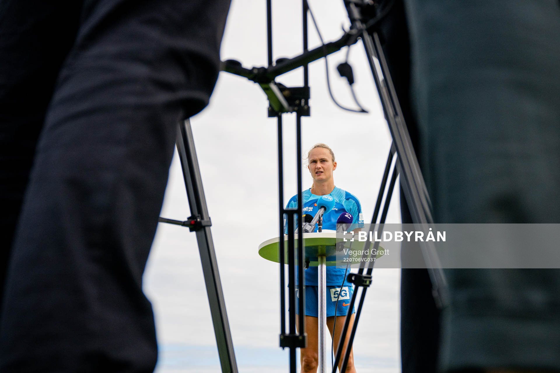 Caroline Graham Hansen of the Norwegian national football team talks to the media at a press event during the UEFA Women's Euro 2022 Championship on July 6, 2022 in Brighton.