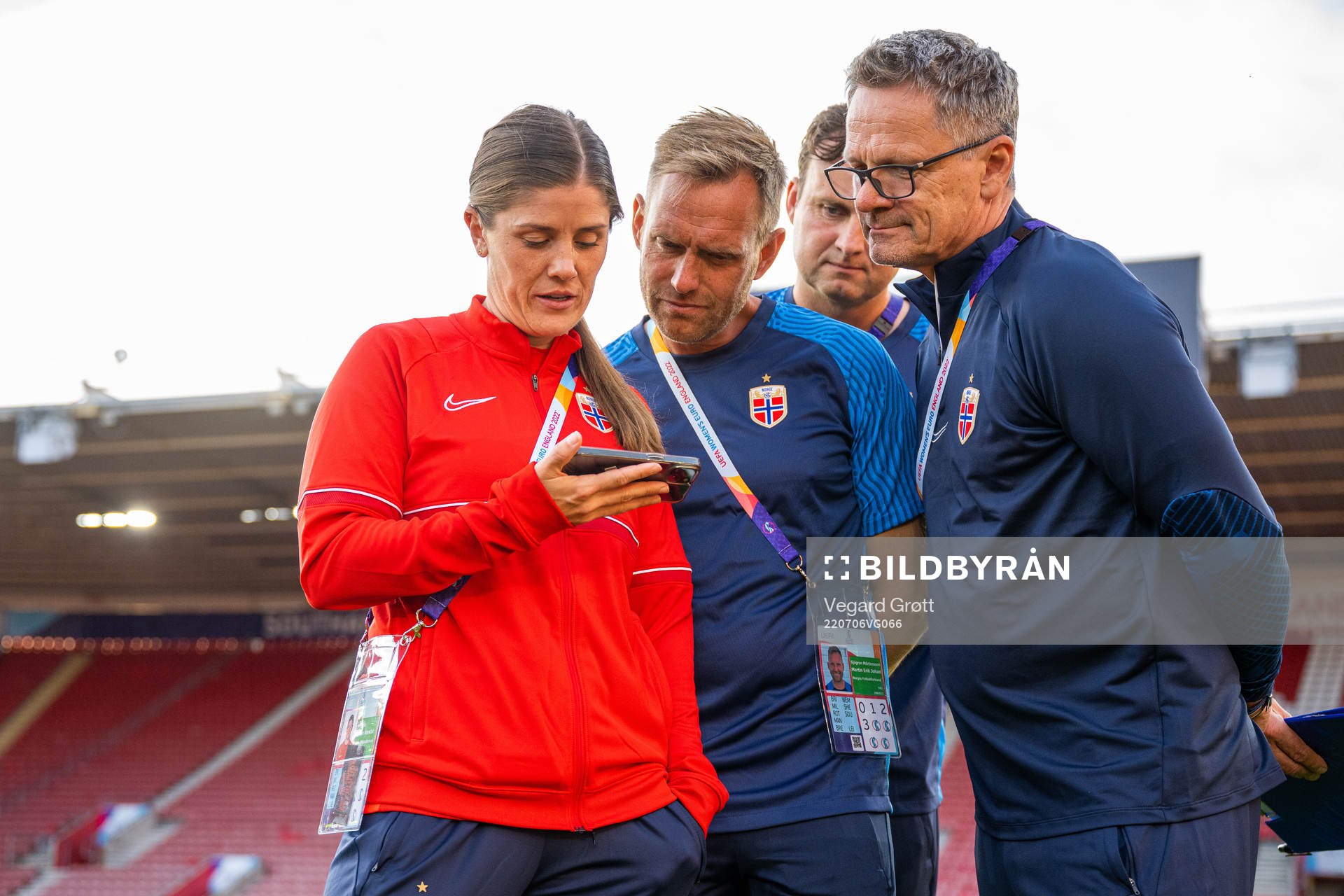 Maren Mjelde, head coach Martin Sjögren, goalkeeper coach Roger Eskeland and press officer Halvor Lea of the Norwegian national football team inspect the pitch during the UEFA Women's Euro 2022 Championship on July 6, 2022 in Southampton.