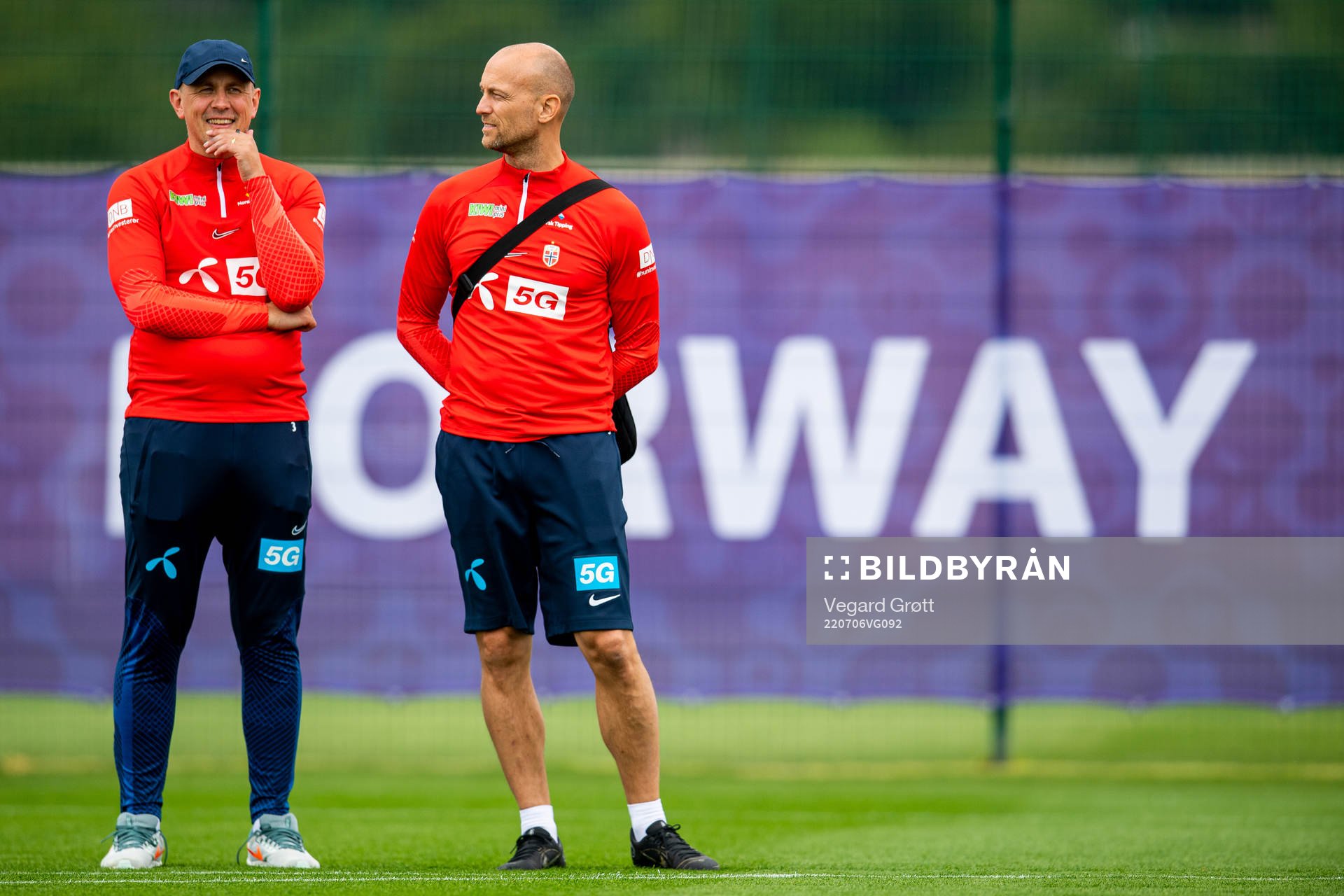 Sports psychologist Andreas Ivarsson and physio Per-Otto Ringstad of the Norwegian national football team at a training session during the UEFA Women's Euro 2022 Championship on July 6, 2022 in Brighton.
