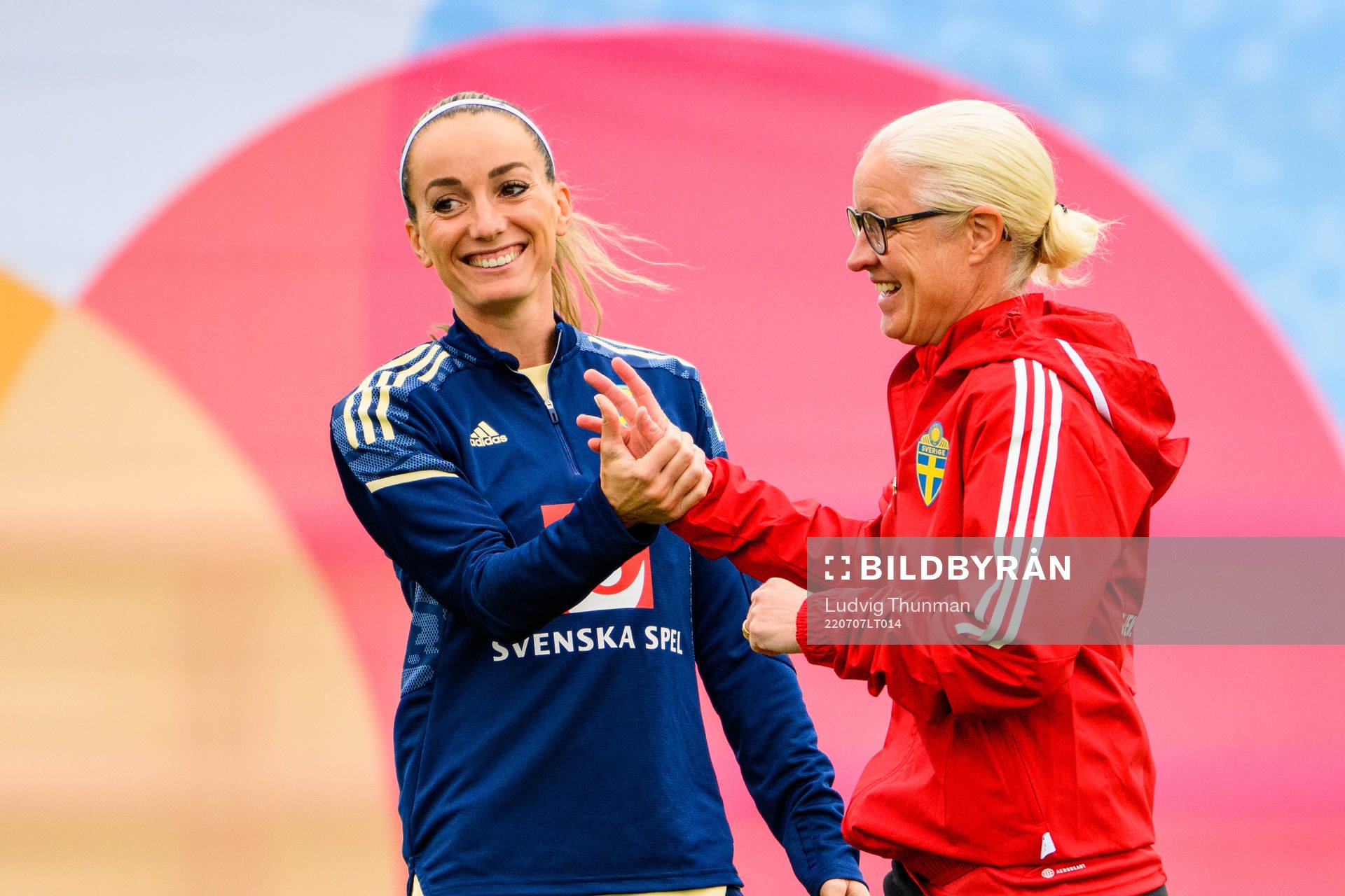 Kosovare Asllani and Victoria Sandell, assistant coach ahead of a training session with the the women's Swedish national football team during of UEFA Women's Euro 2022 Championship on July 7, 2022 in Chester.