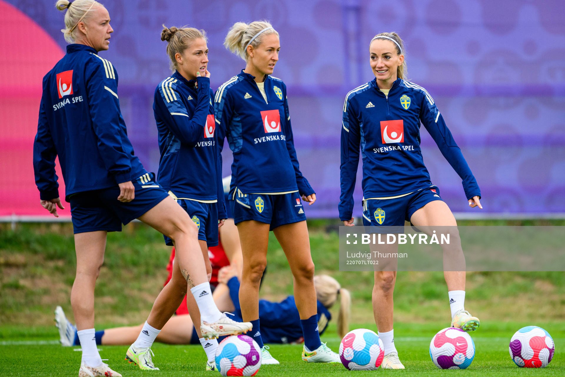 Caroline Seger, Filippa Angeldahl, Emma Kullberg and Kosovare Asllani ahead of a training session with the the women's Swedish national football team during of UEFA Women's Euro 2022 Championship on July 7, 2022 in Chester.