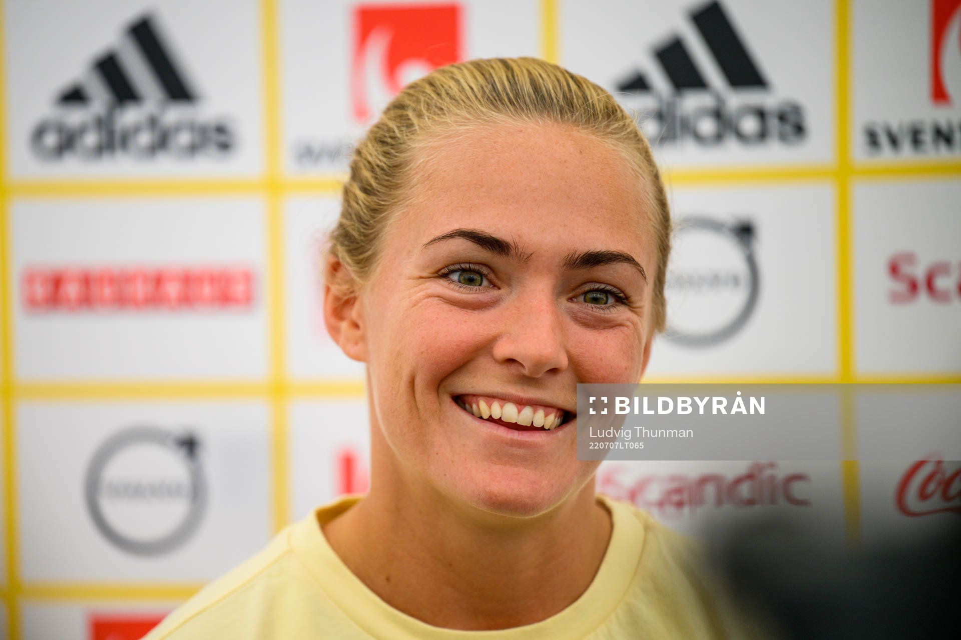 Magdalena Eriksson is interviewed by the media during a press event with the the women's Swedish national football team during the UEFA Women's Euro 2022 Championship on July 7, 2022 in Chester.