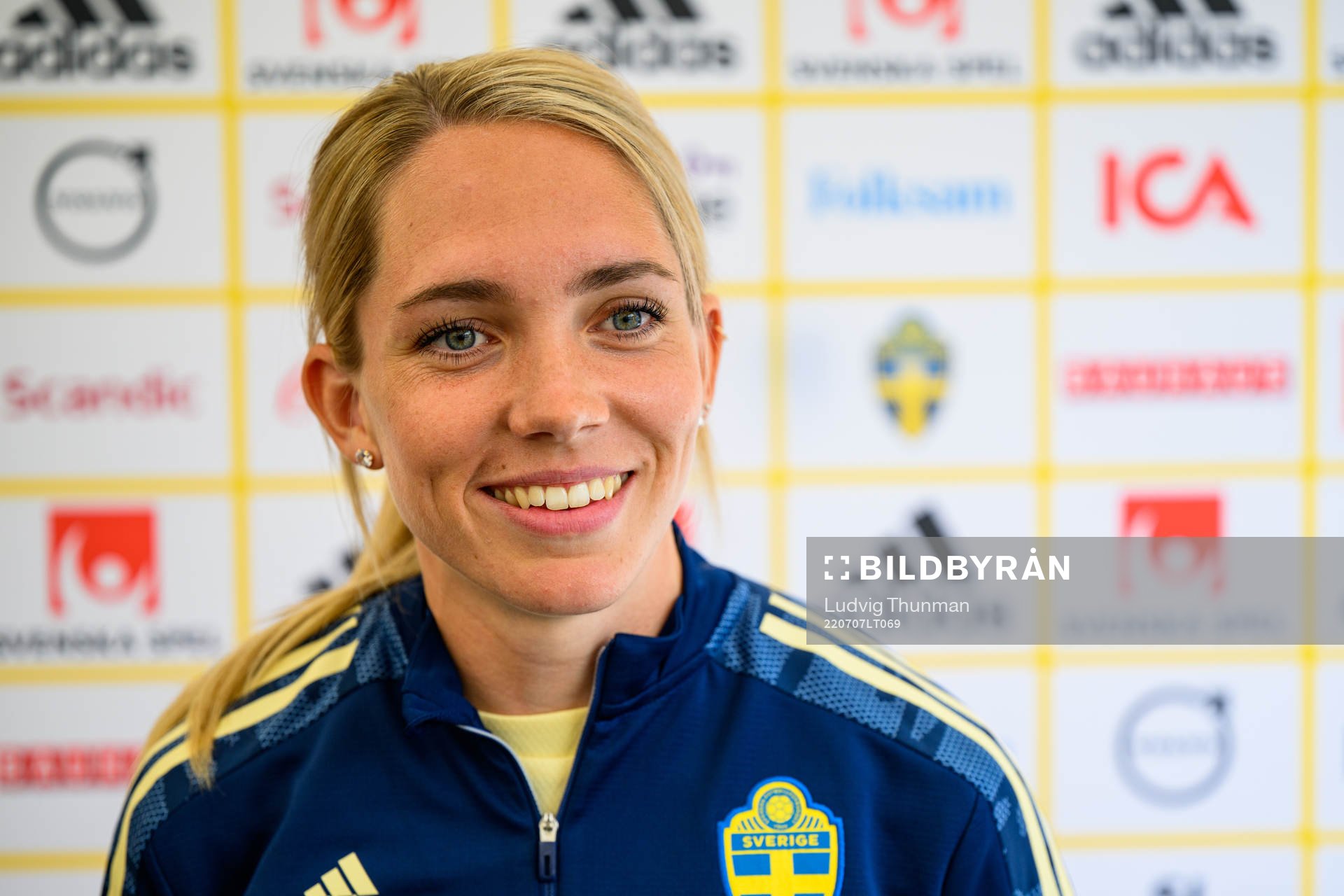 Elin Rubensson is interviewed by the media during a press event with the the women's Swedish national football team during the UEFA Women's Euro 2022 Championship on July 7, 2022 in Chester.