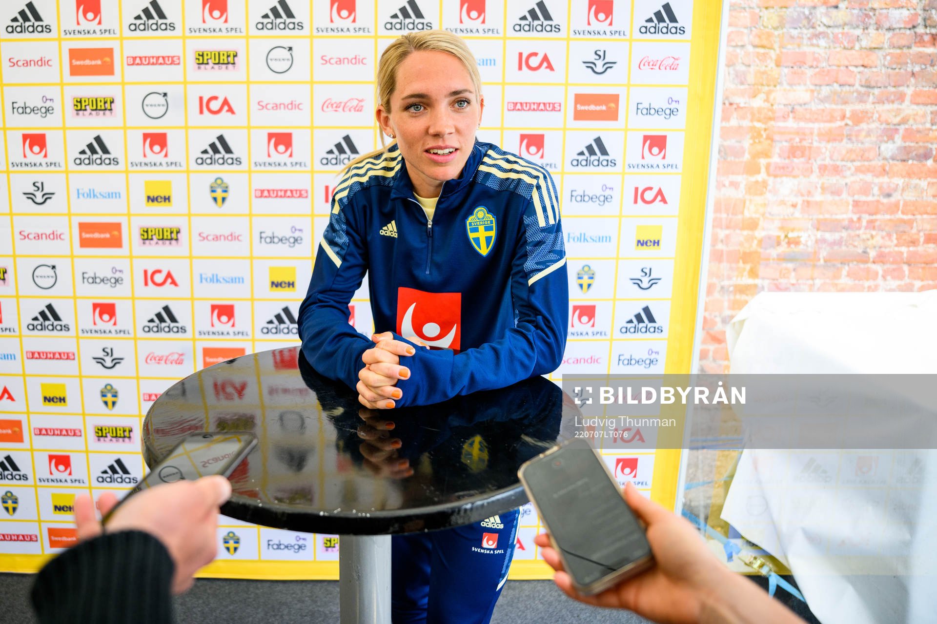 Elin Rubensson is interviewed by the media during a press event with the the women's Swedish national football team during the UEFA Women's Euro 2022 Championship on July 7, 2022 in Chester.