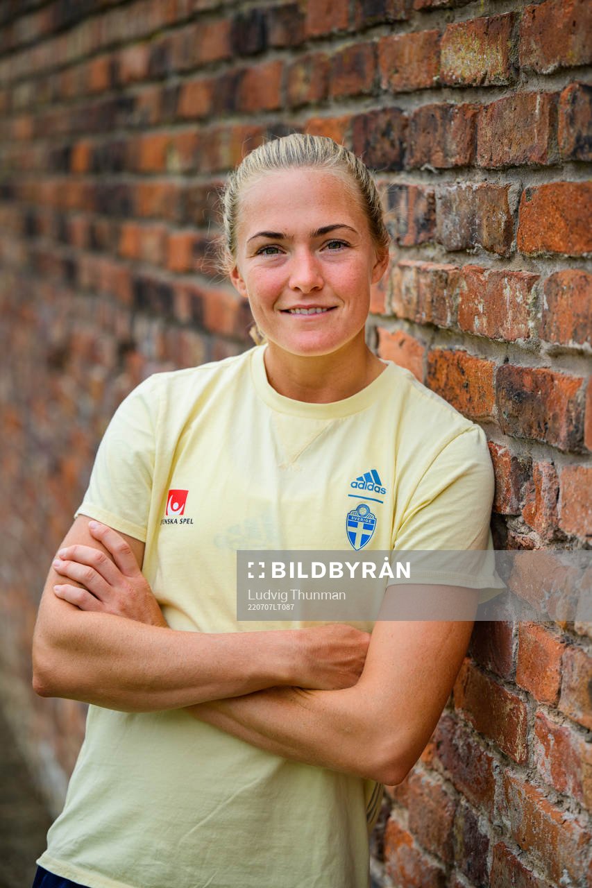 Magdalena Eriksson poses for a portrait during a press event with the the women's Swedish national football team during the UEFA Women's Euro 2022 Championship on July 7, 2022 in Chester. 