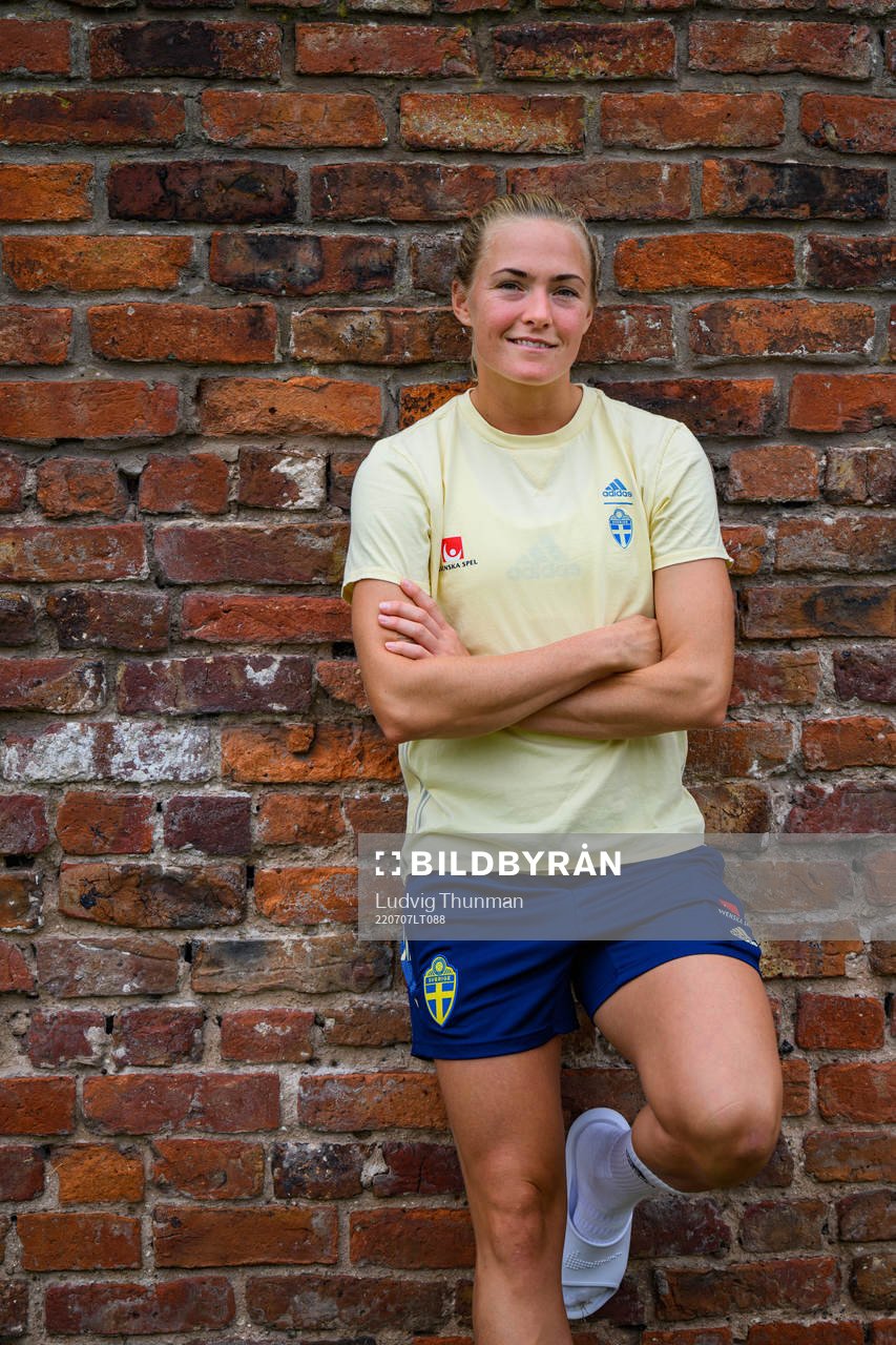 Magdalena Eriksson poses for a portrait during a press event with the the women's Swedish national football team during the UEFA Women's Euro 2022 Championship on July 7, 2022 in Chester. 