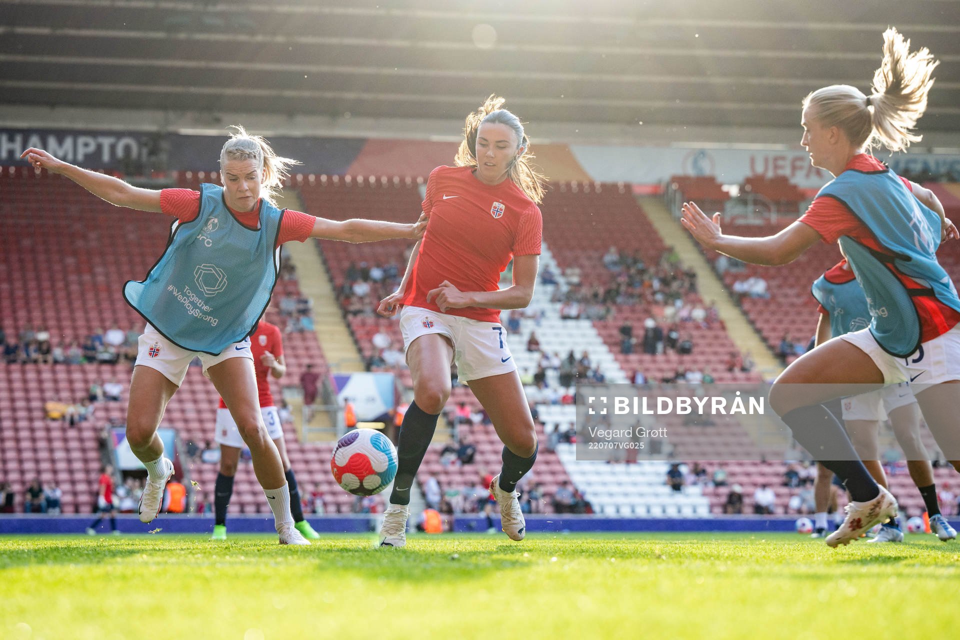 Ada Hegerberg and Ingrid Syrstad Engen of Norway warms up
