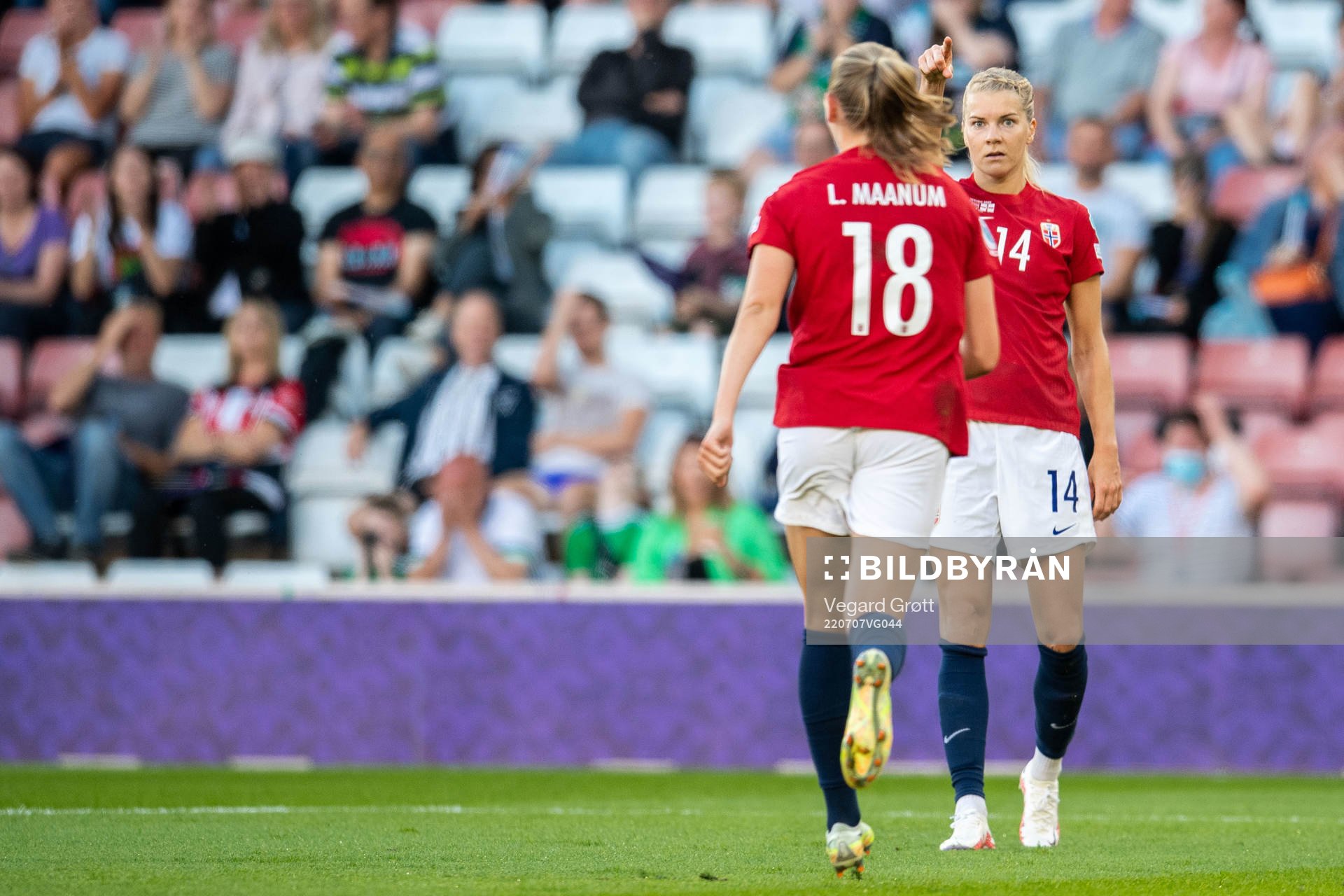 Frida Maanum and Ada Hegerberg of Norway celebrate 2-0