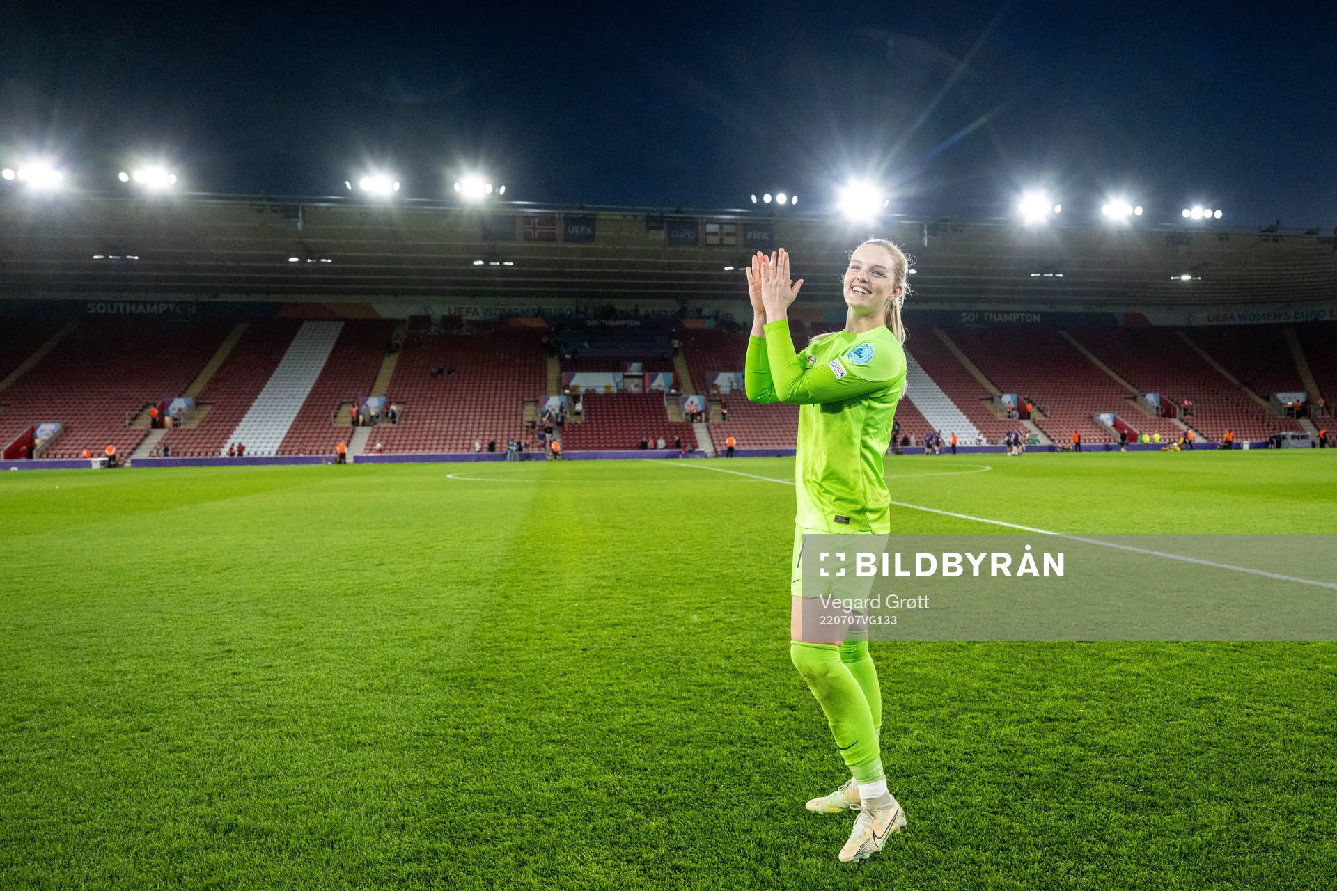 Goalkeeper Guro Pettersen of Norway celebrates after the UEFA Women's Euro 2022 group stage match between Norway and Northern Ireland on July 7, 2022 in Southampton.