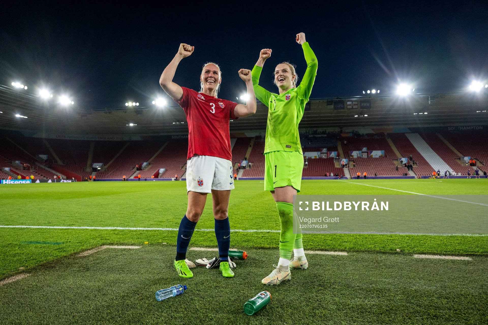 Maria Thorisdottir and goalkeeper Guro Pettersen of Norway