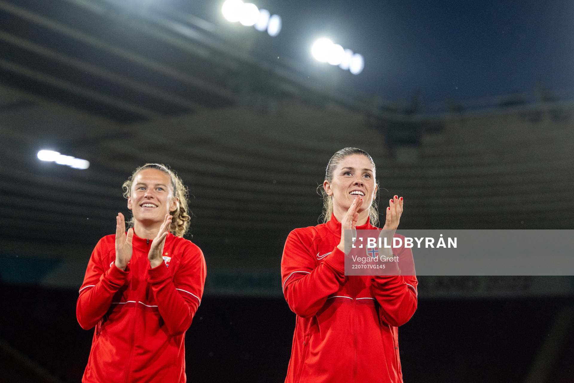 Synne Skinnes Hansen and Maren Mjelde of Norway celebrate