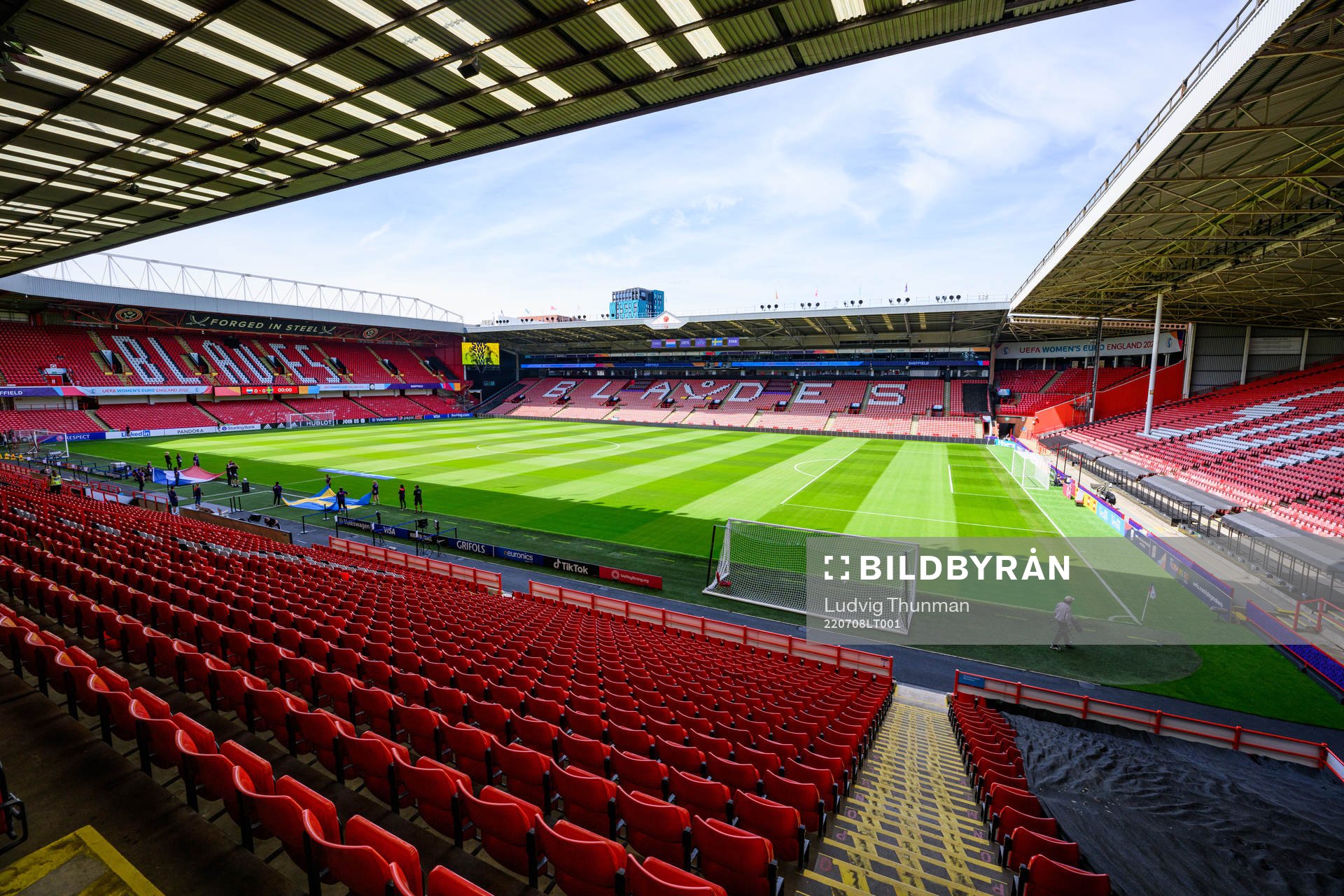 Interior view of Bramall Lane ahead of a press conference with the the women's Swedish national football team during the UEFA Women's Euro 2022 Championship on July 8, 2022 in Sheffield. 