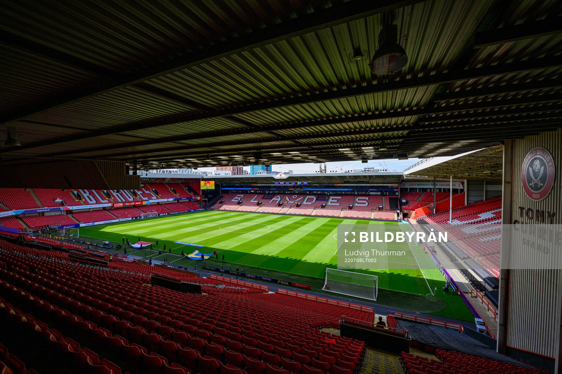 Interior view of Bramall Lane ahead of a press conference with the the women's Swedish national football team during the UEFA Women's Euro 2022 Championship on July 8, 2022 in Sheffield.