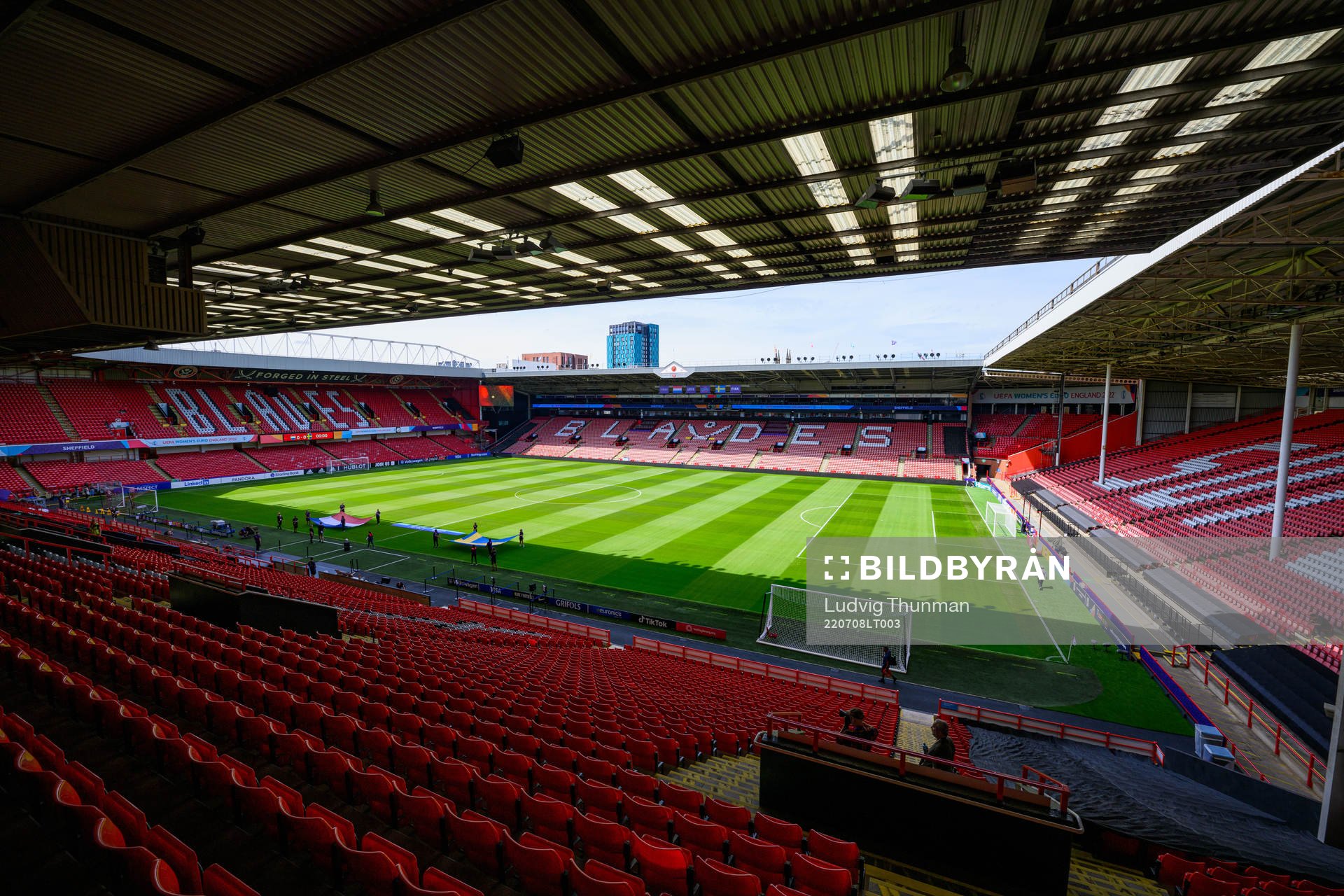 Interior view of Bramall Lane ahead of a press conference with the the women's Swedish national football team during the UEFA Women's Euro 2022 Championship on July 8, 2022 in Sheffield.