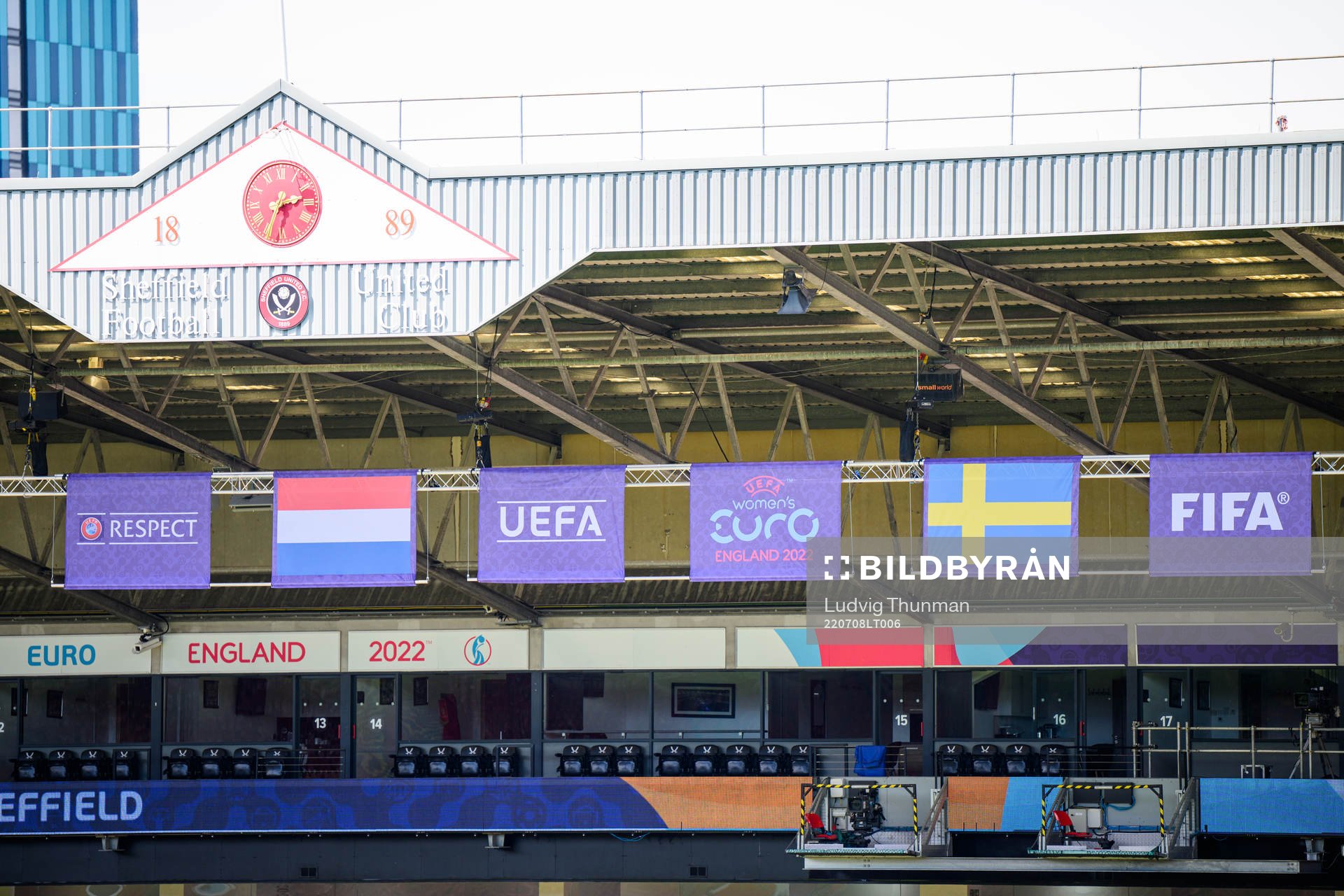Interior view of Bramall Lane with flags of Netherlands and Sweden ahead of a press conference with the the women's Swedish national football team during the UEFA Women's Euro 2022 Championship on July 8, 2022 in Sheffield.