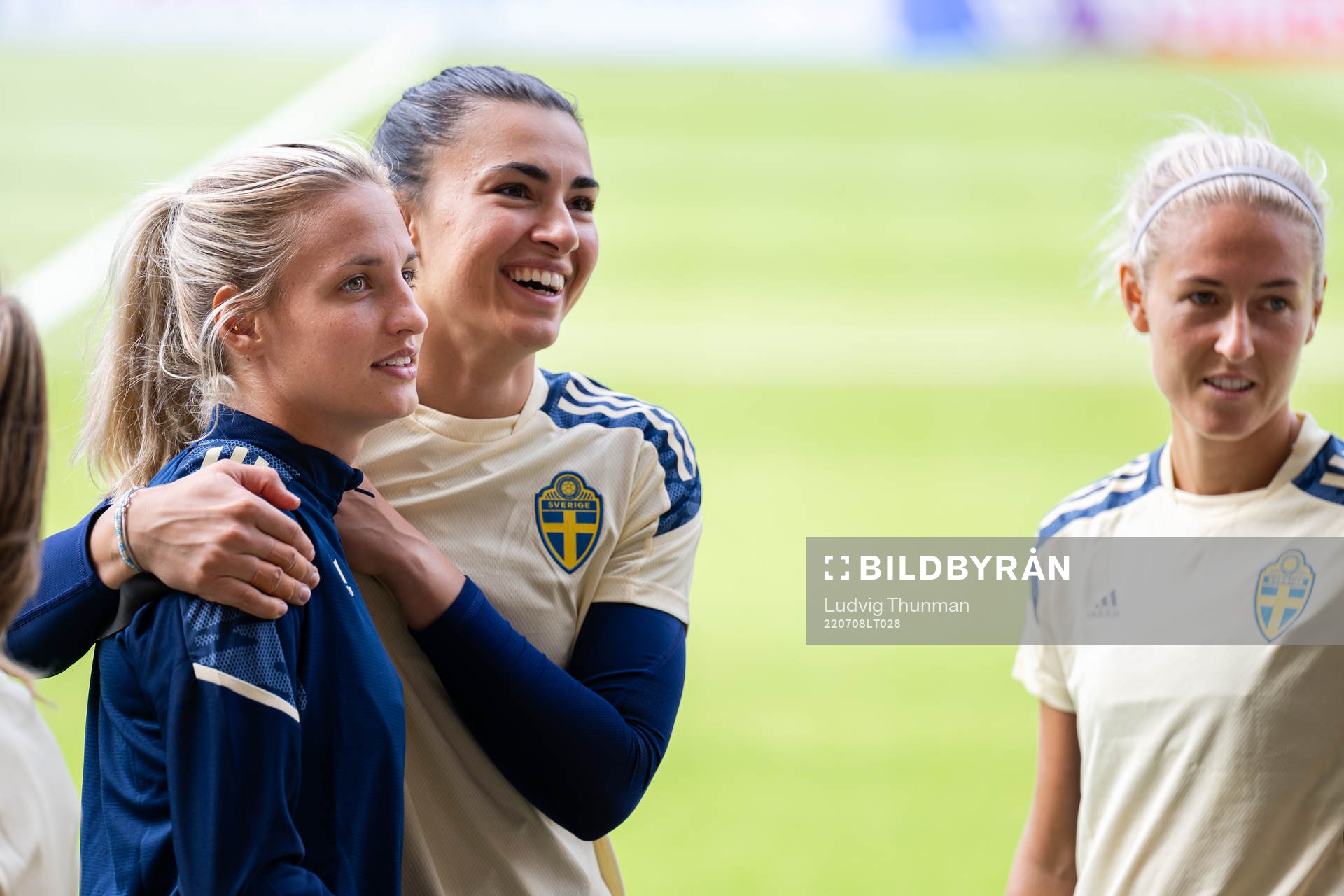 Nathalie Björn and goalkeeper Zecira Musovic of Sweden