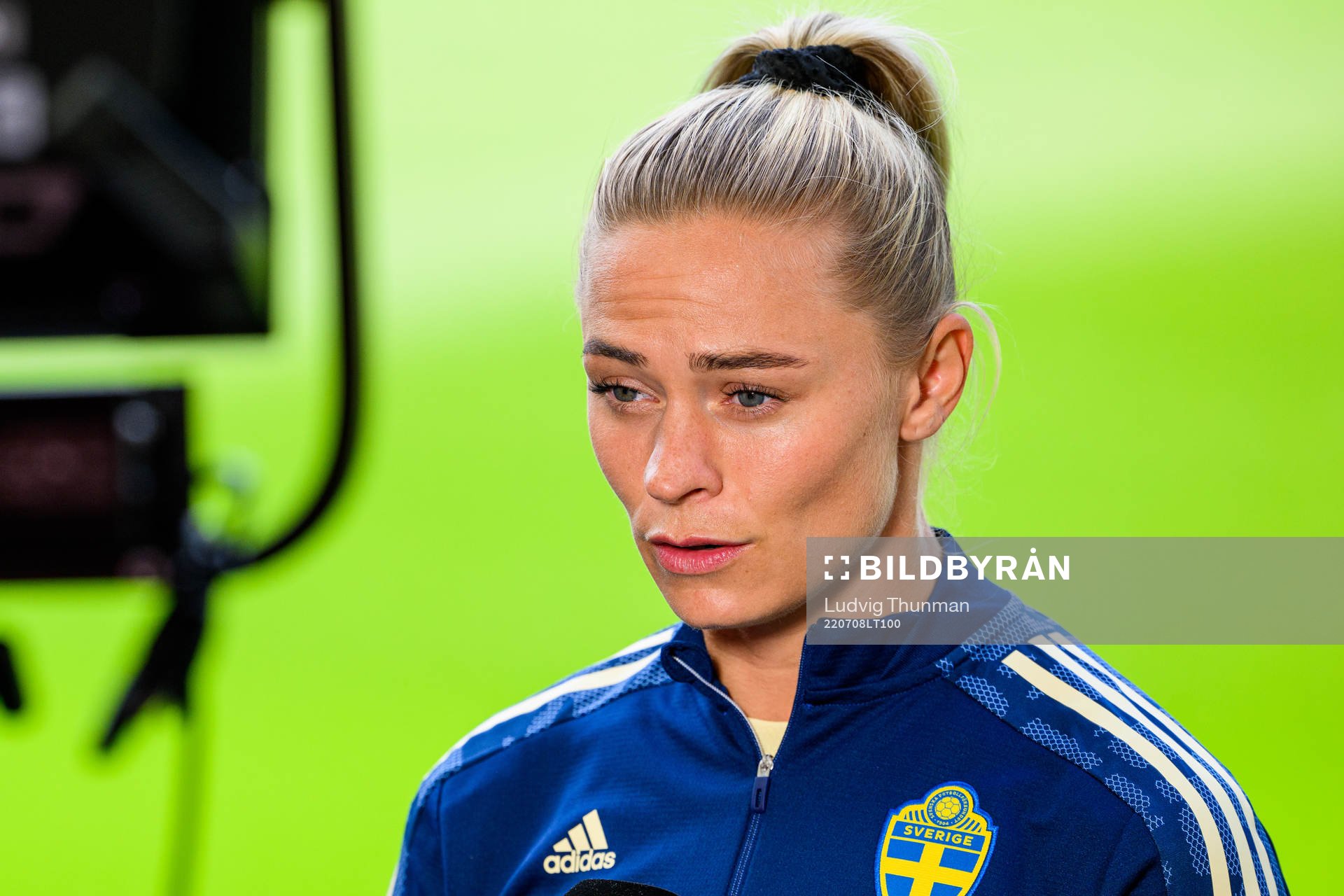 Fridolina Rolfö of Sweden is interviewed by the media ahead of a training session with the the women's Swedish national football team during the UEFA Women's Euro 2022 Championship on July 8, 2022 in Sheffield.