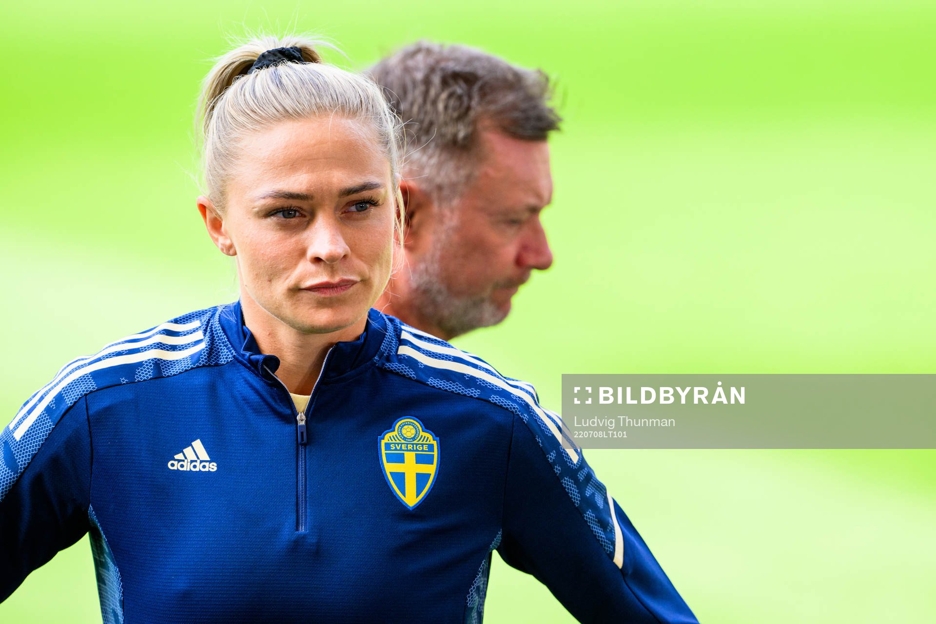 Fridolina Rolfö and Peter Gerhardsson, head coach of Sweden is interviewed by the media ahead of a training session with the the women's Swedish national football team during the UEFA Women's Euro 2022 Championship on July 8, 2022 in Sheffield.