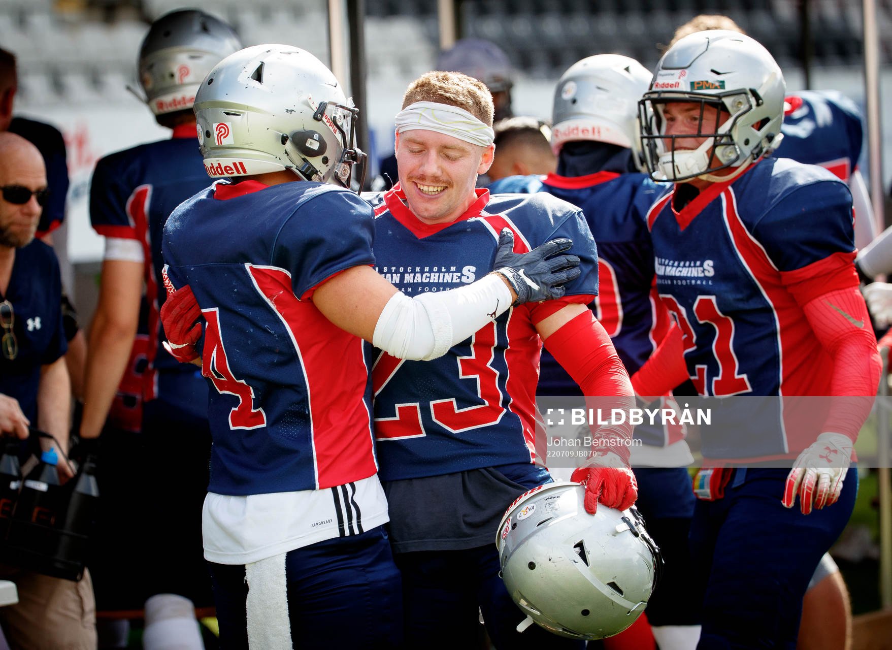 Stockholm mean machines Carl Henriksson jublar under SM-finalen mellan Stockholm Mean Machines och Örebro Black Knights i amerikansk fotboll den 9 juli 2022 i Örebro.
