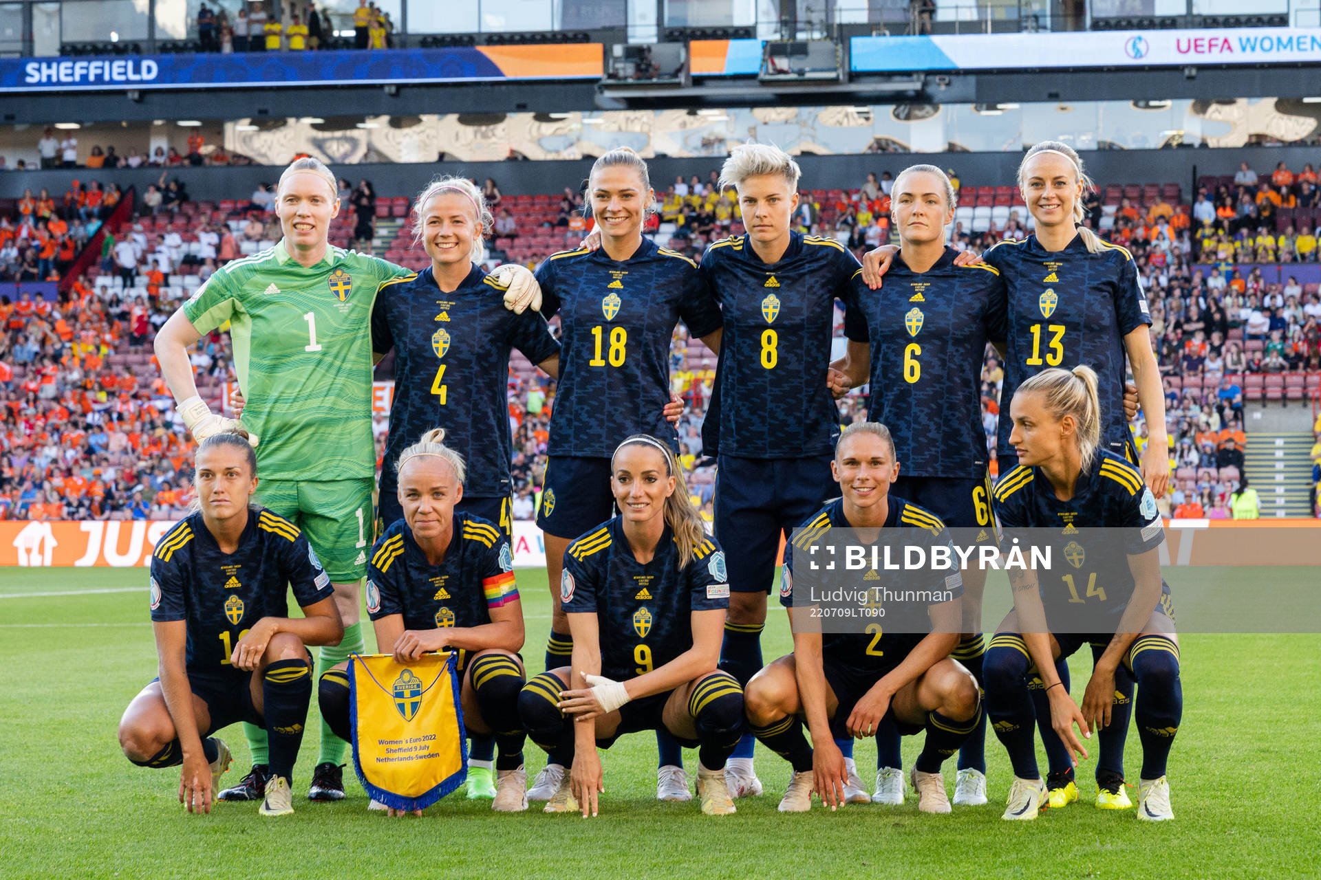 The starting eleven of Sweden pose for a team photo ahead of the UEFA Women's Euro 2022 group stage match between Netherlands and the Sweden on July 9, 2022 in Sheffield. Top left: goalkeeper Hedvig Lindahl , Hanna Glas , Fridolina Rolfö, Lina Hurtig , Magdalena Eriksson and Amanda Ilestedt. Bottom left: Filippa Angeldahl , Caroline Seger , Kosovare Asllani , Jonna Andersson and Nathalie Björn.