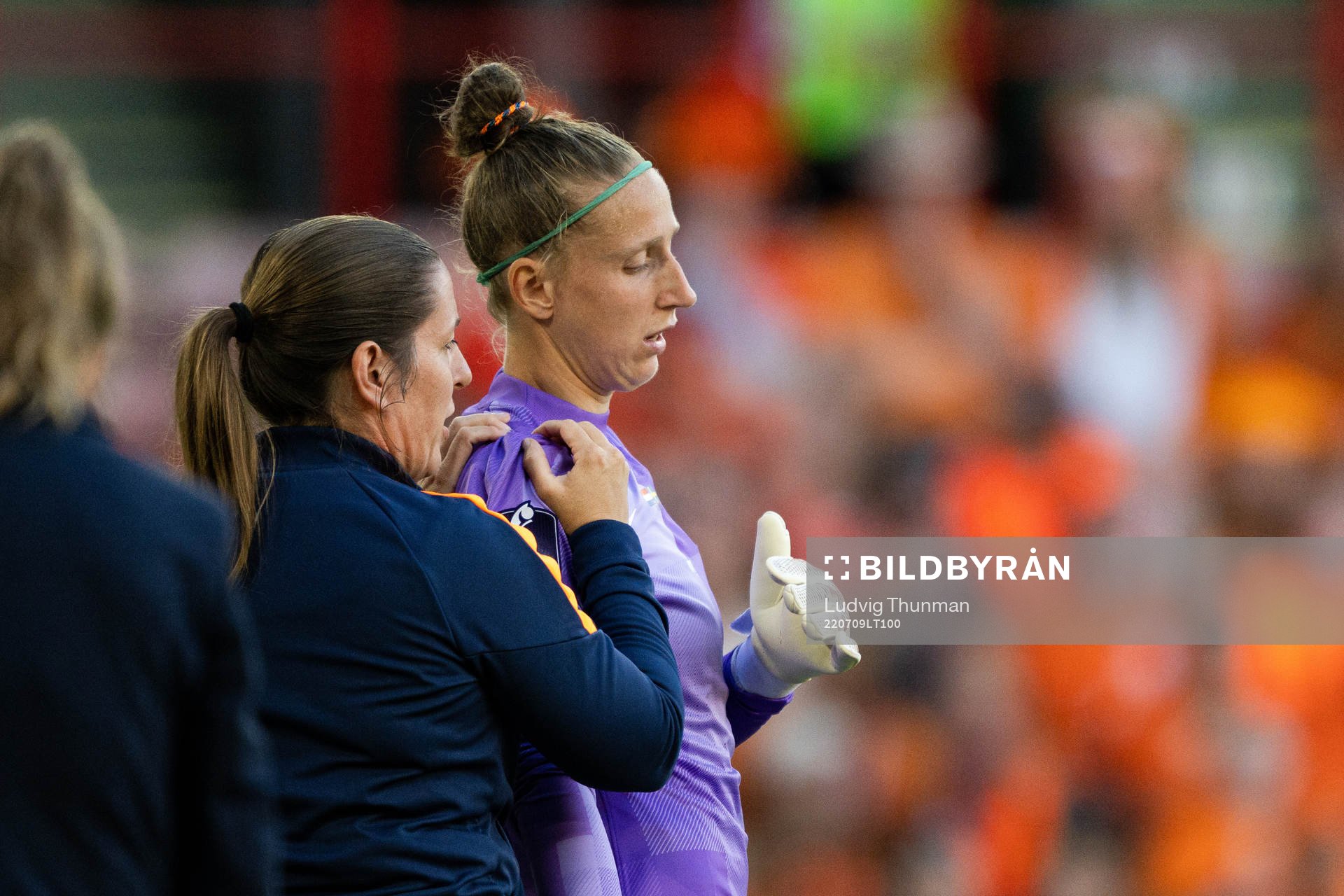 Goalkeeper Sari Van Veenendaal of Netherlands in pain