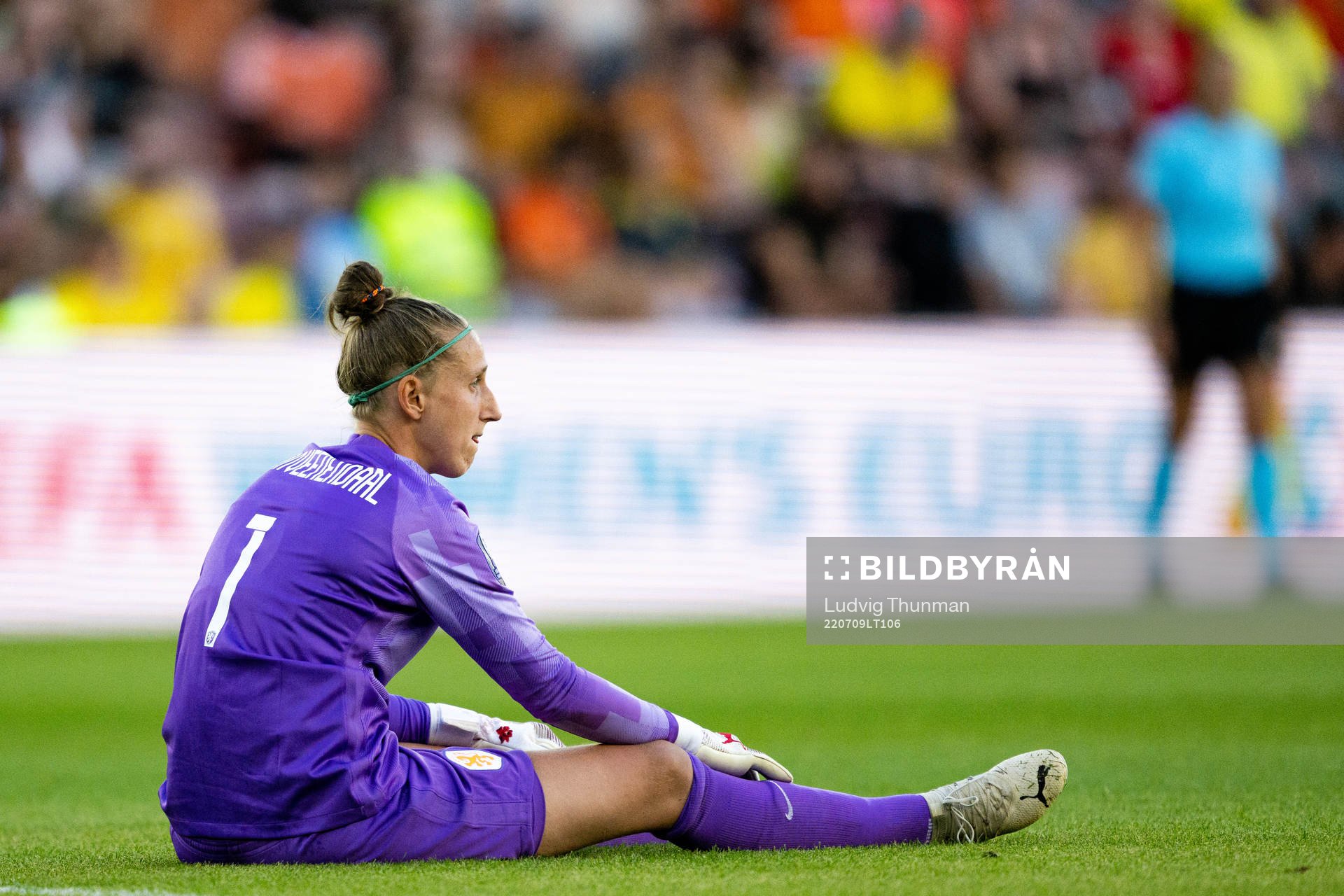 Goalkeeper Sari Van Veenendaal of Netherlands in pain