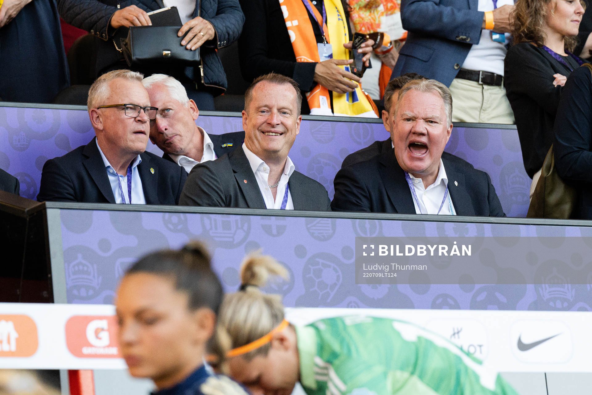 Janne Andersson, head coach of the Swedish men national football team, Anders Ygeman, Minister of Integration and Migration, Håkan Sjöstrand, general secretary of the Swedish Football Association (SvFF), and Karl-Erik Nilsson, president of SvFF, in the stands ahead of the UEFA Women's Euro 2022 group stage match between Netherlands and the Sweden on July 9, 2022 in Sheffield.