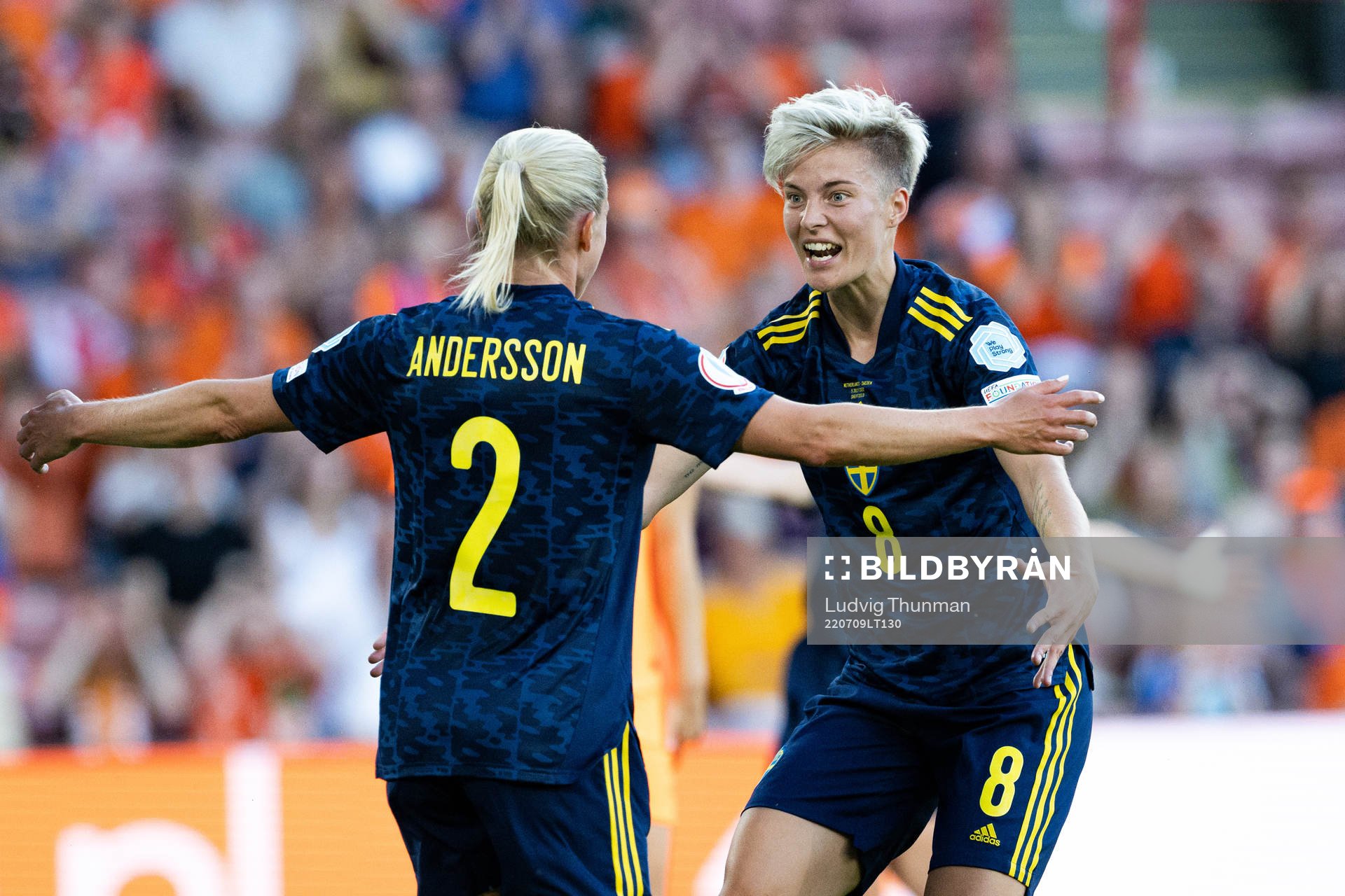 Jonna Andersson and Lina Hurtig of Sweden celebrate the 0-1