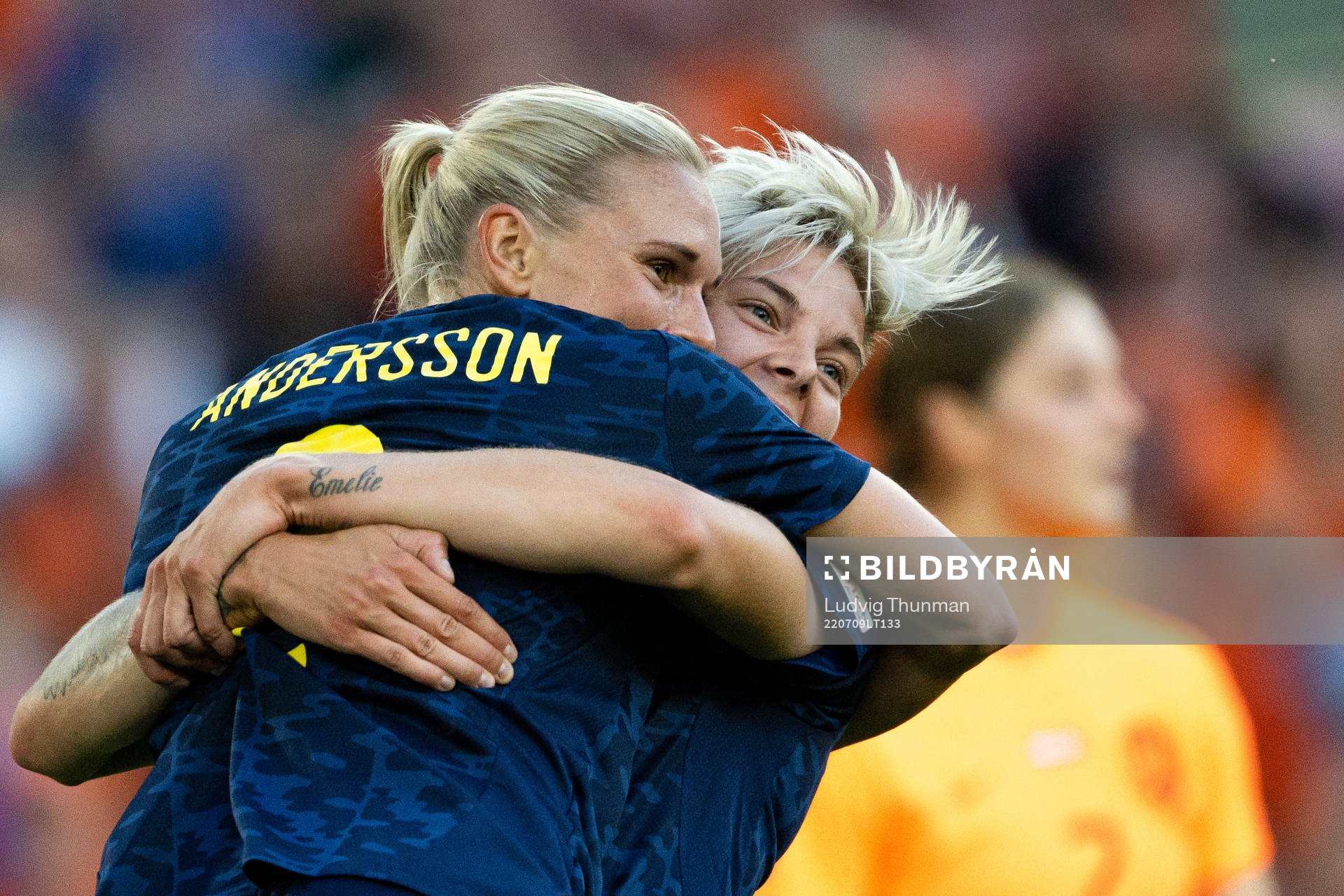 Jonna Andersson and Lina Hurtig of Sweden celebrate the 0-1
