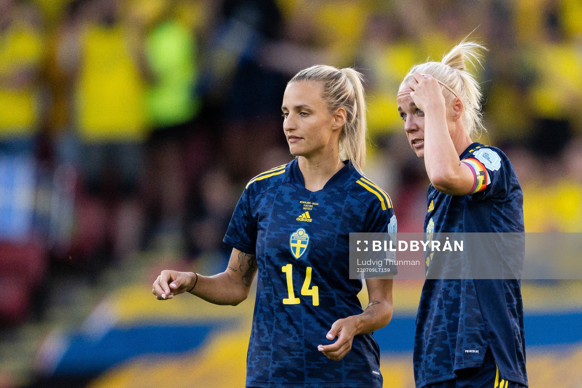 Nathalie Björn and Caroline Seger of Sweden during the UEFA Women's Euro 2022 group stage match between Netherlands and the Sweden on July 9, 2022 in Sheffield.