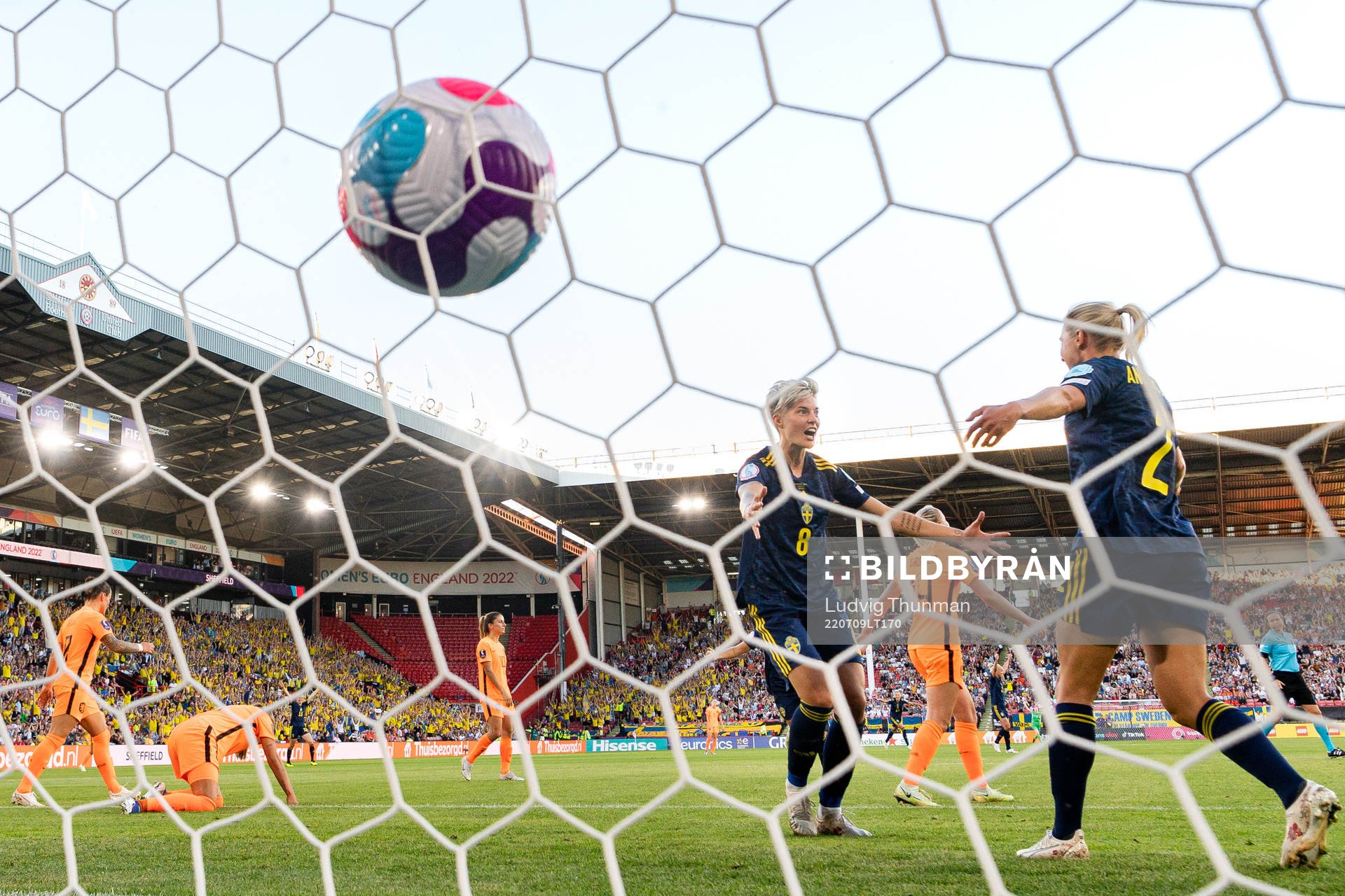 Lina Hurtig and Jonna Andersson of Sweden celebrate the 0-1