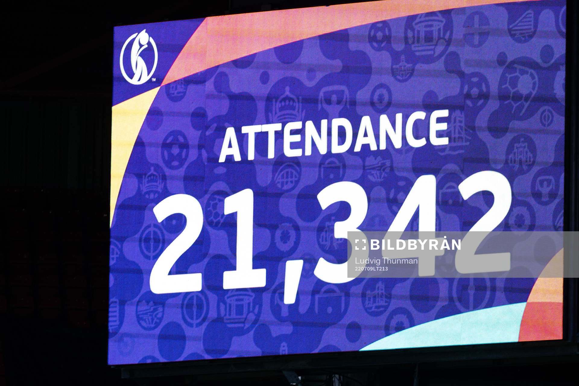 Attendance is shown on the screen during the UEFA Women's Euro 2022 group stage match between Netherlands and the Sweden on July 9, 2022 in Sheffield.