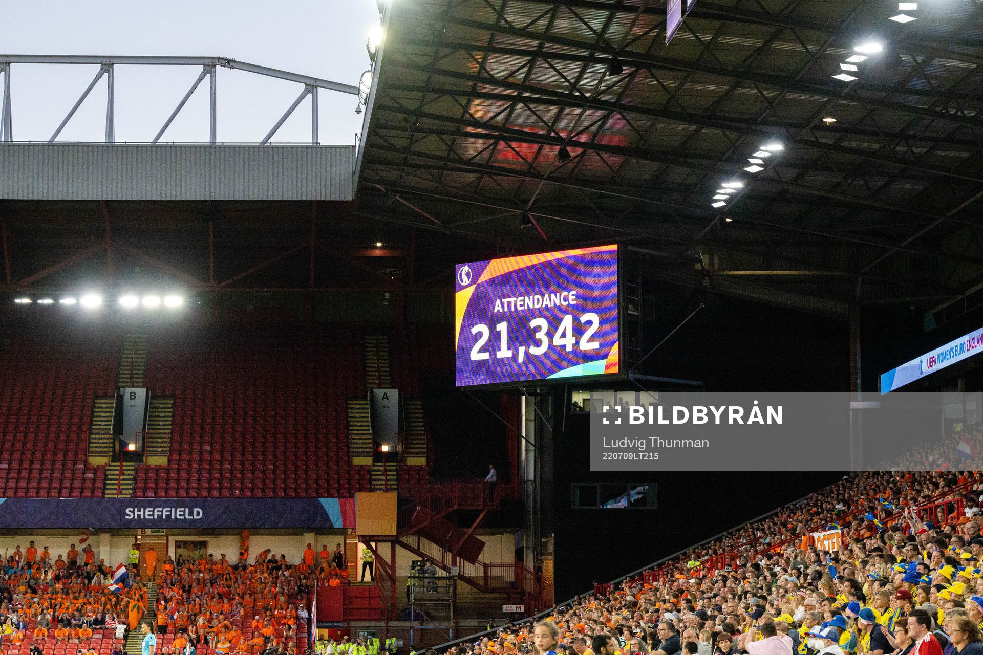 Attendance is shown on the screen during the UEFA Women's Euro 2022 group stage match between Netherlands and the Sweden on July 9, 2022 in Sheffield.
