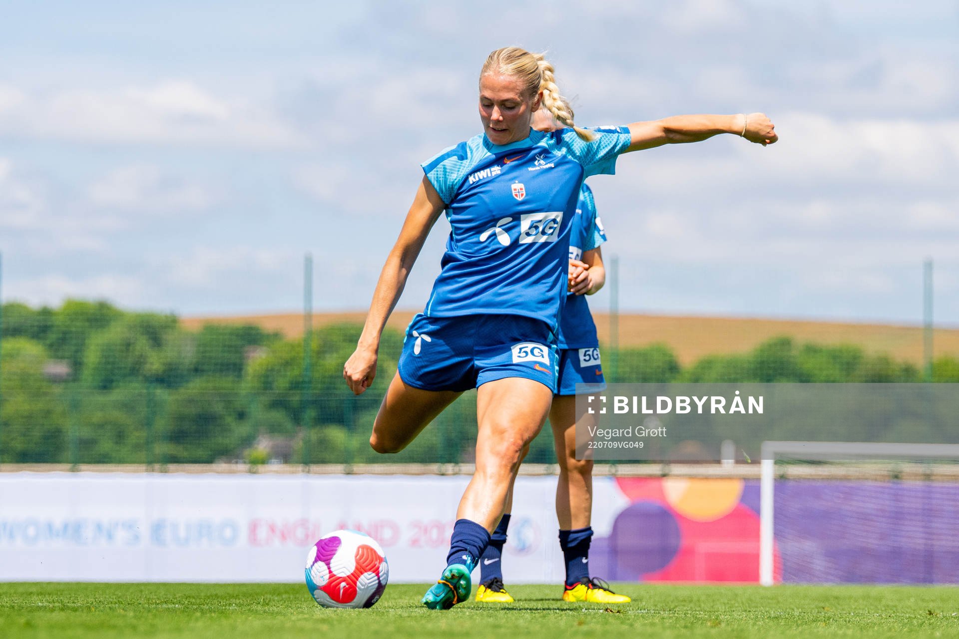 Guro Bergsvand of the Norwegian national football team at a training session during the UEFA Women's Euro 2022 Championship on July 9, 2022 in Brighton.