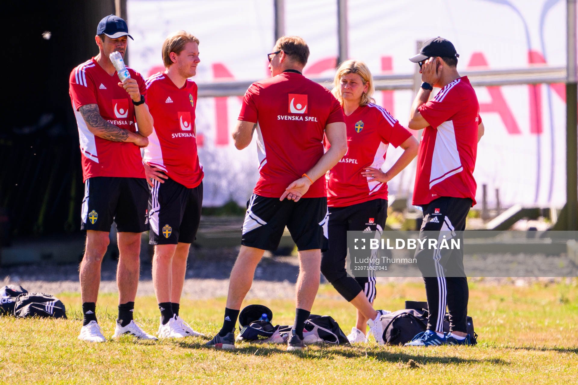Magnus Andersson, team manager, Fredrik Madestam, press officer, Stefan Dejemyr, head of security and Rebecca Schelin, press officer of the Swedish national football team at a training session during the UEFA Women's Euro 2022 Championship on July 10, 2022 in Chester.
