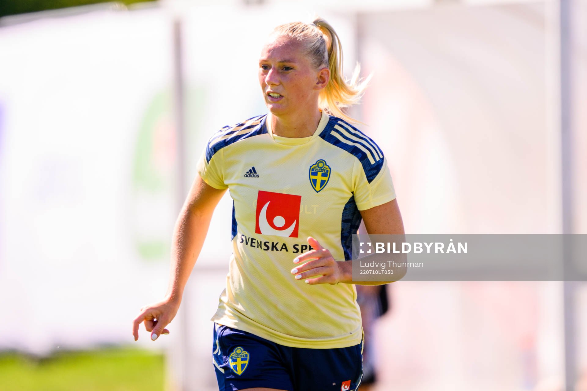 Stina Blackstenius of the Swedish national football team at a training session during the UEFA Women's Euro 2022 Championship on July 10, 2022 in Chester.