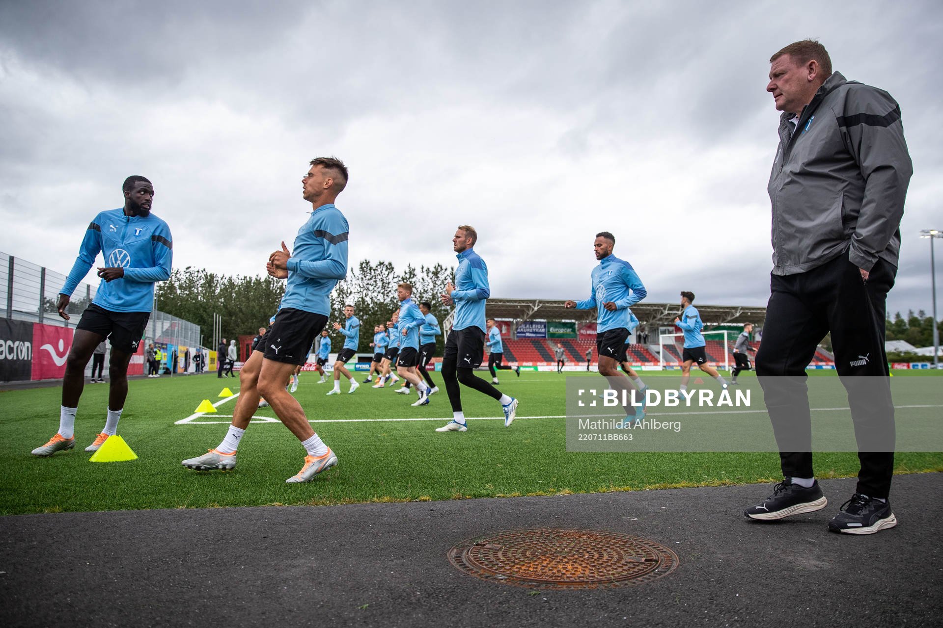 Mahamé Siby, Jonas Knudsen, Ola Toivonen, Isaac Kiese Thelin and sports coordinator Alf Westerberg during a training session with Malmö FF on July 11, 2022 in Reykjavík.
